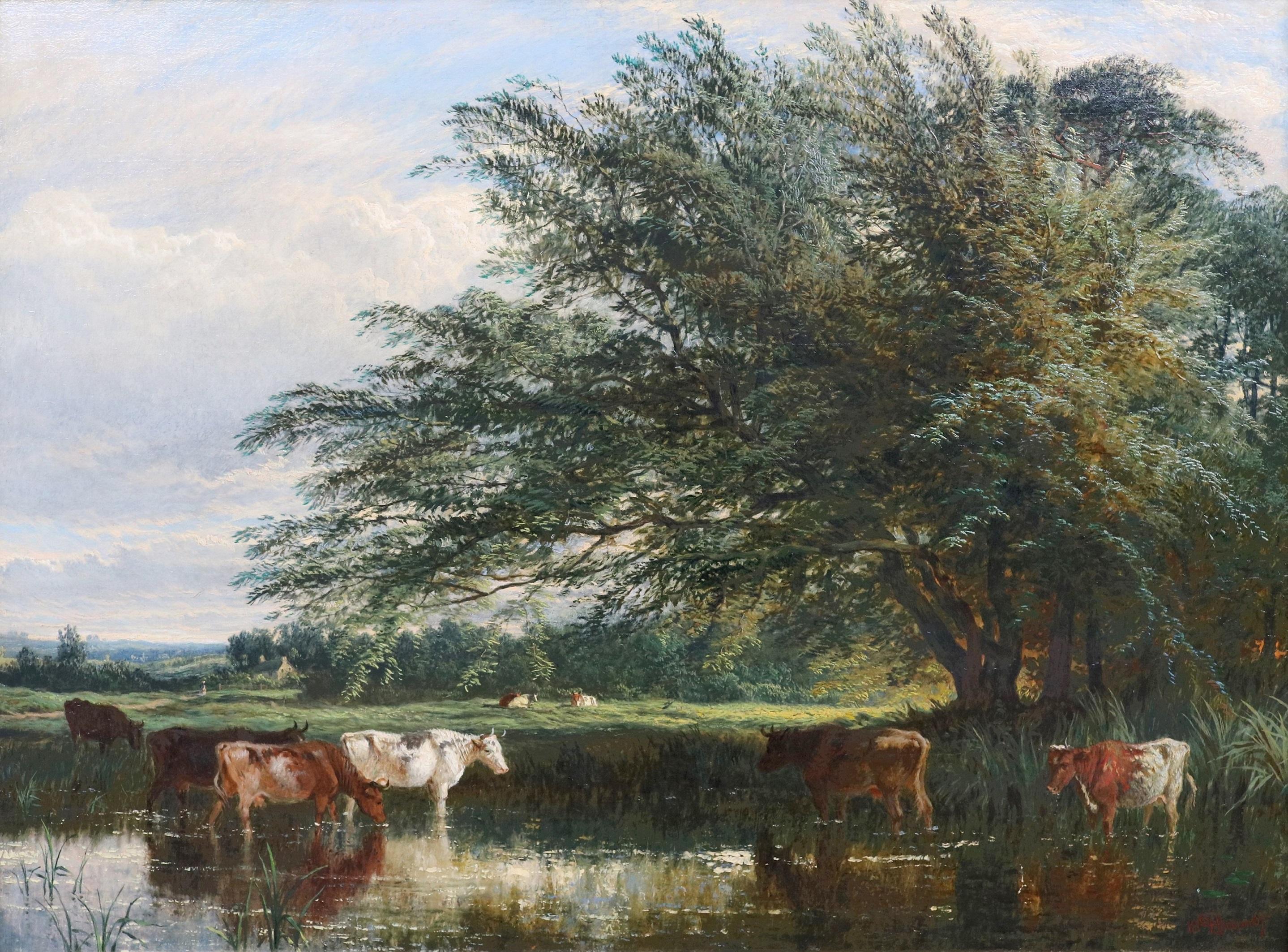 Grande dipinto a olio del XIX secolo raffigurante un paesaggio fluviale dello Yorkshire nell'estate inglese - Painting Vittoriano di Henry Dawson