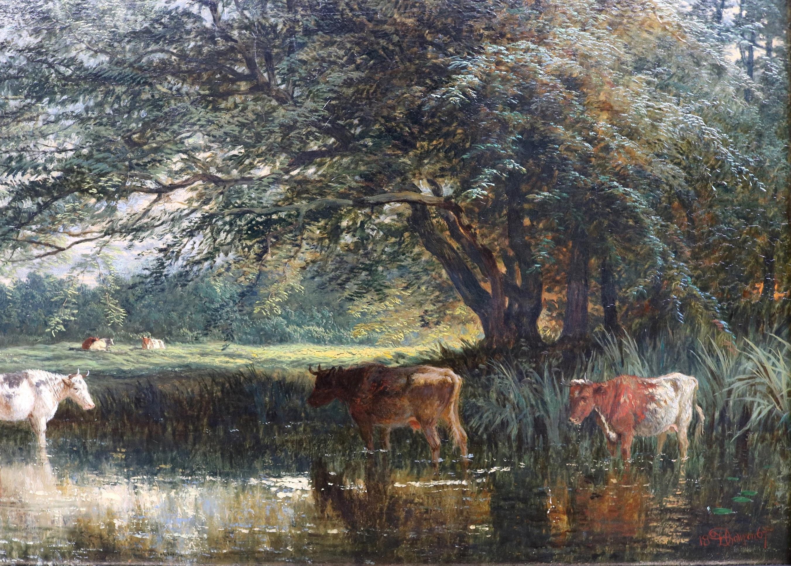 Grande dipinto a olio del XIX secolo raffigurante un paesaggio fluviale dello Yorkshire nell'estate inglese - Animal Painting Marrone di Henry Dawson