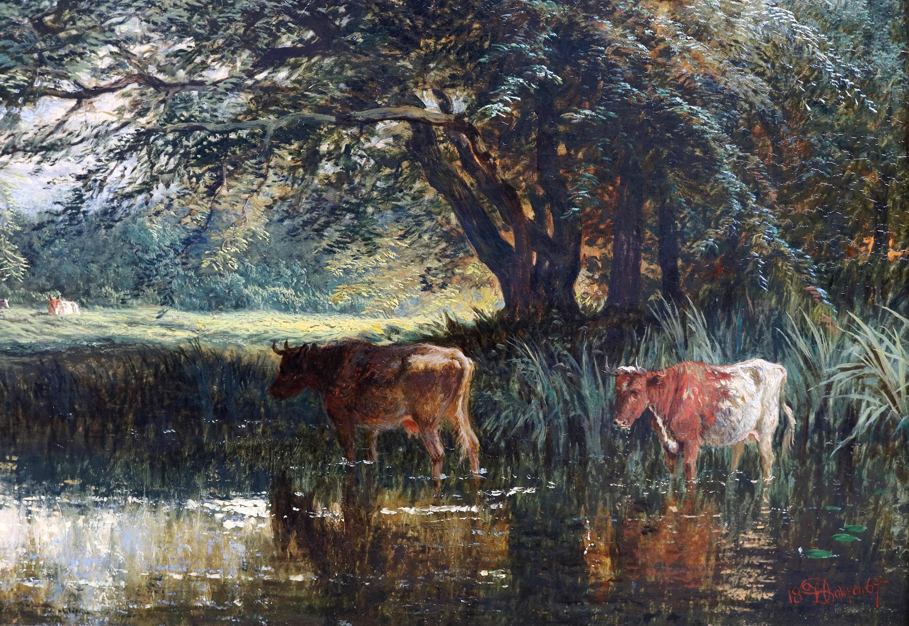 Grande dipinto a olio del XIX secolo raffigurante un paesaggio fluviale dello Yorkshire nell'estate inglese 2