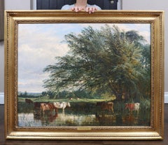 Grande peinture à l'huile victorienne du 19e siècle représentant un paysage de rivière d'été anglaise 