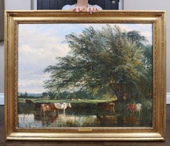 Large 19th Century Victorian Oil Painting of English Summer River Landscape