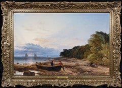Large Fine 19th Century Oil Painting of English Coast Sunset on a Summer Evening