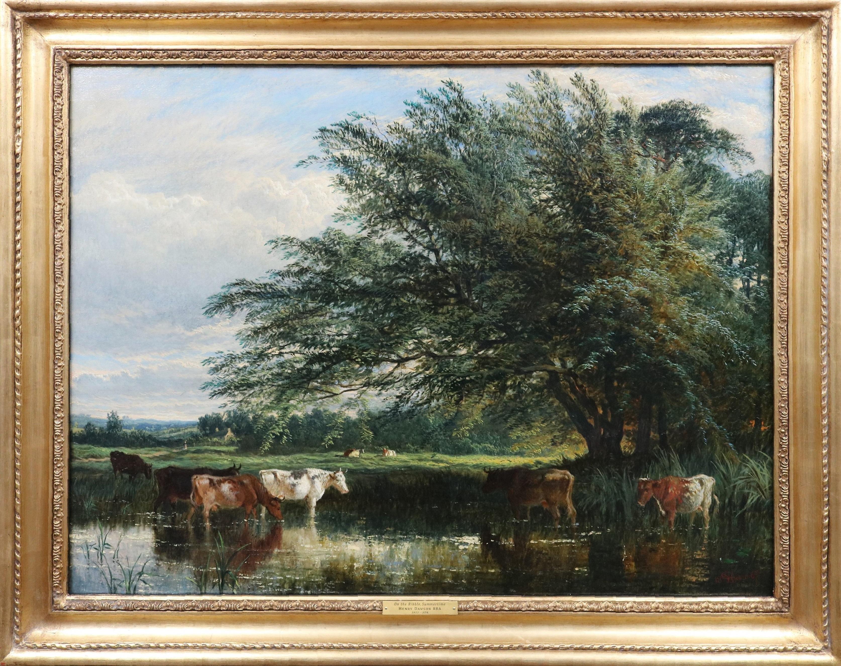 On the Ribble, Summertime - Large 19th Century English Landscape Oil Painting - Brown Animal Painting by Henry Dawson