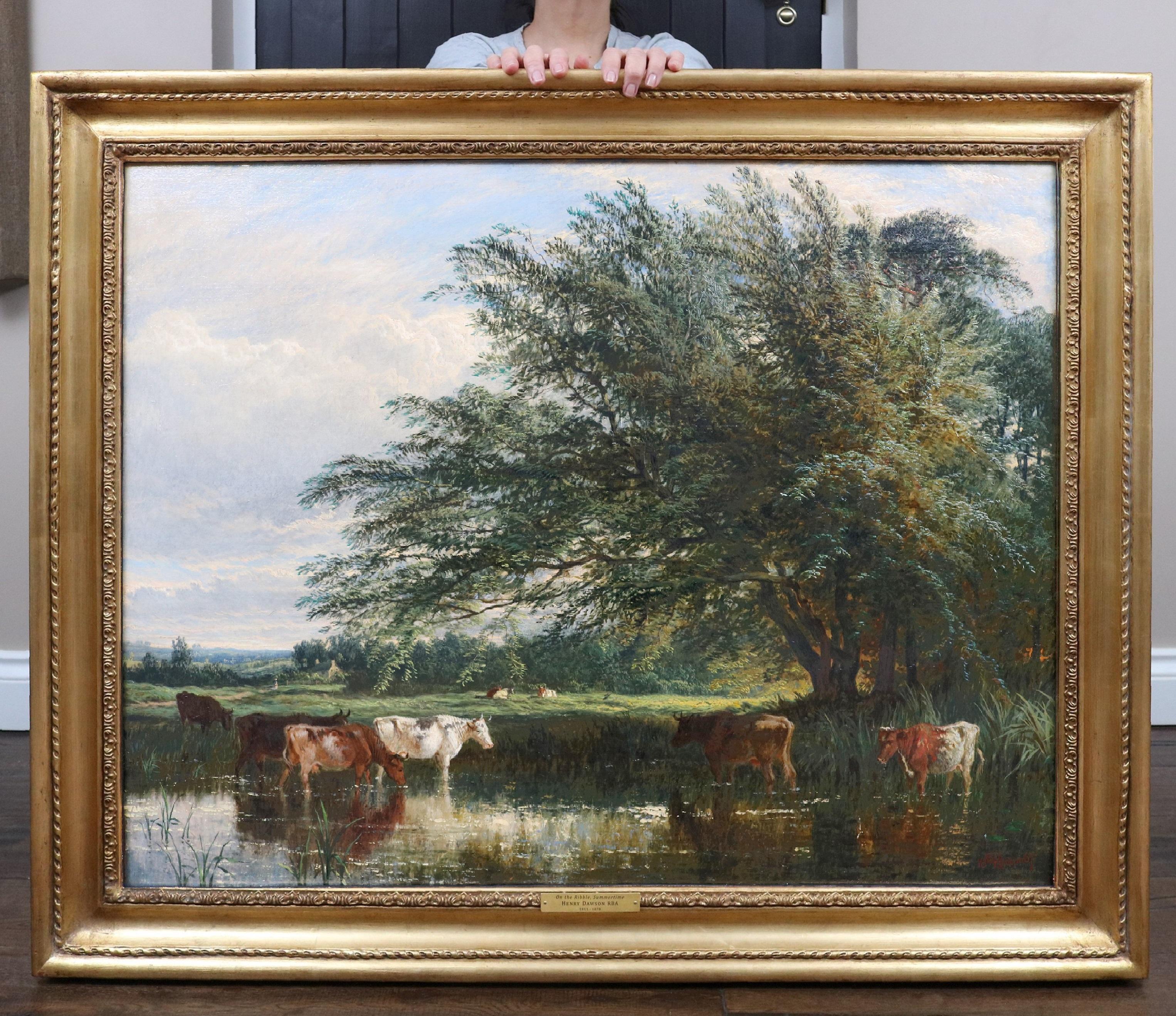 Animal Painting Henry Dawson - On the Ribble, Summertime - Grande peinture à l'huile anglaise du 19ème siècle