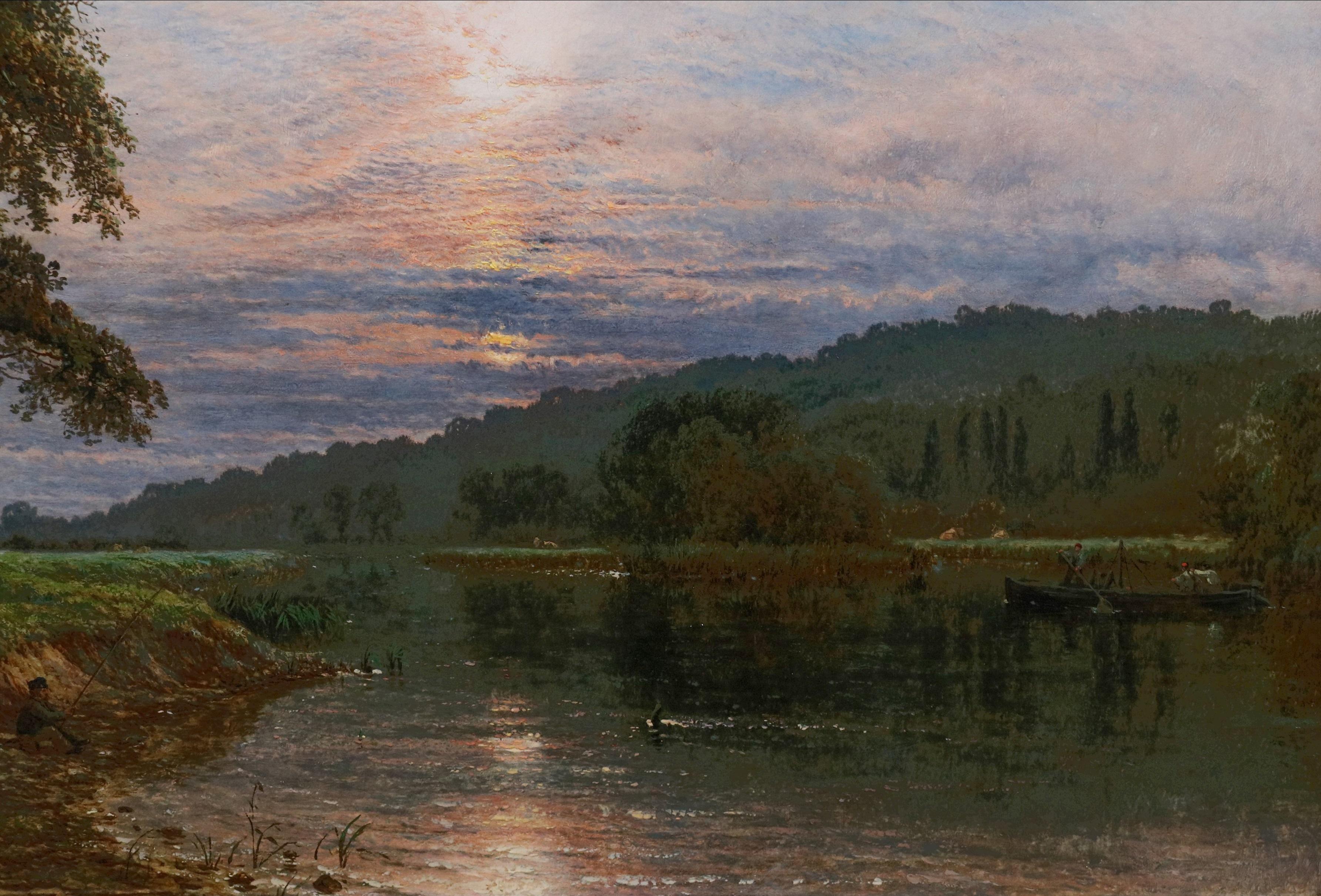 Thames near Runnymeade - 19th Century Oil Painting Summer Sunset River Landscape For Sale 8