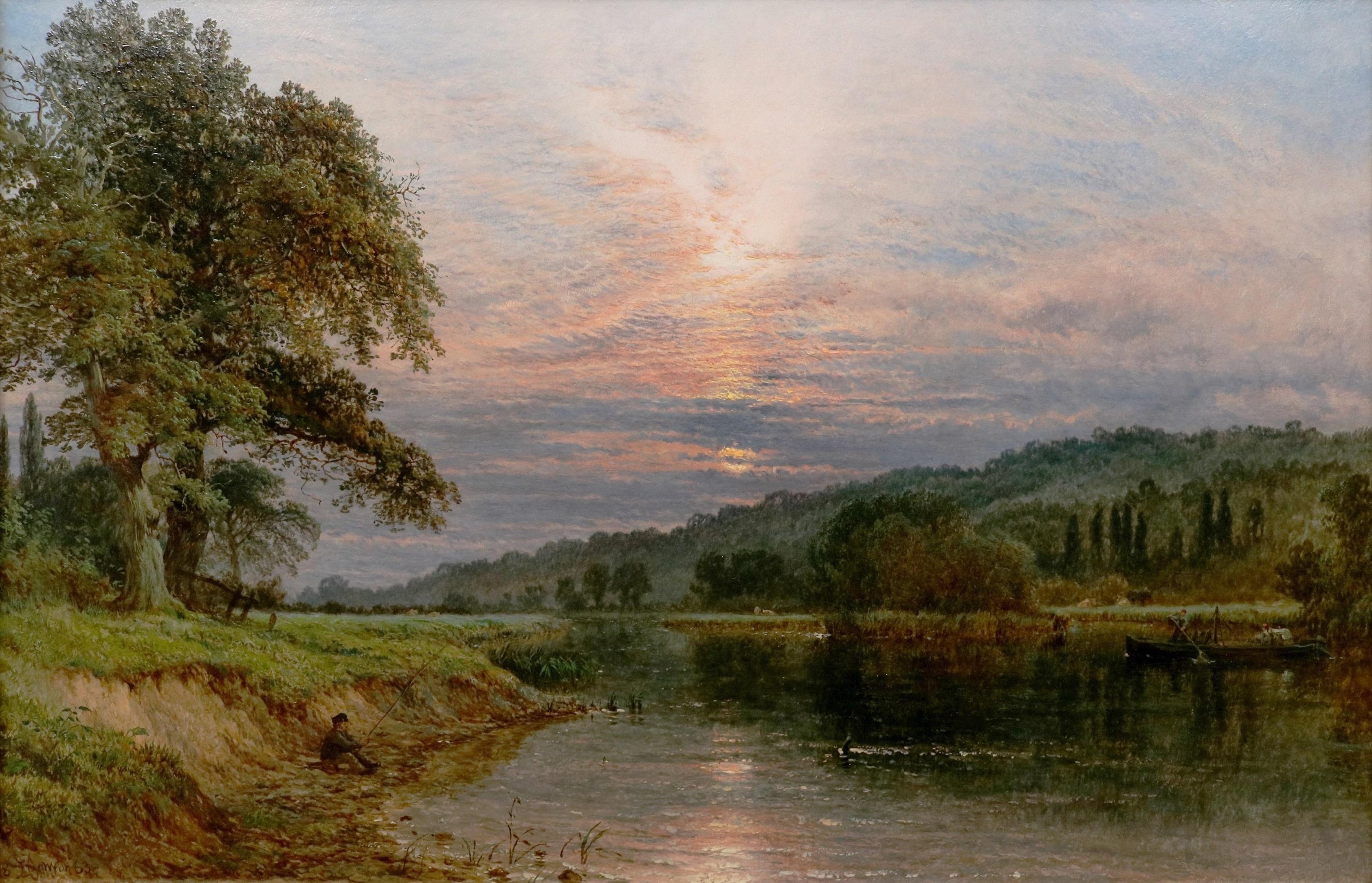 Thames near Runnymeade - 19th Century Oil Painting Summer Sunset River Landscape For Sale 1