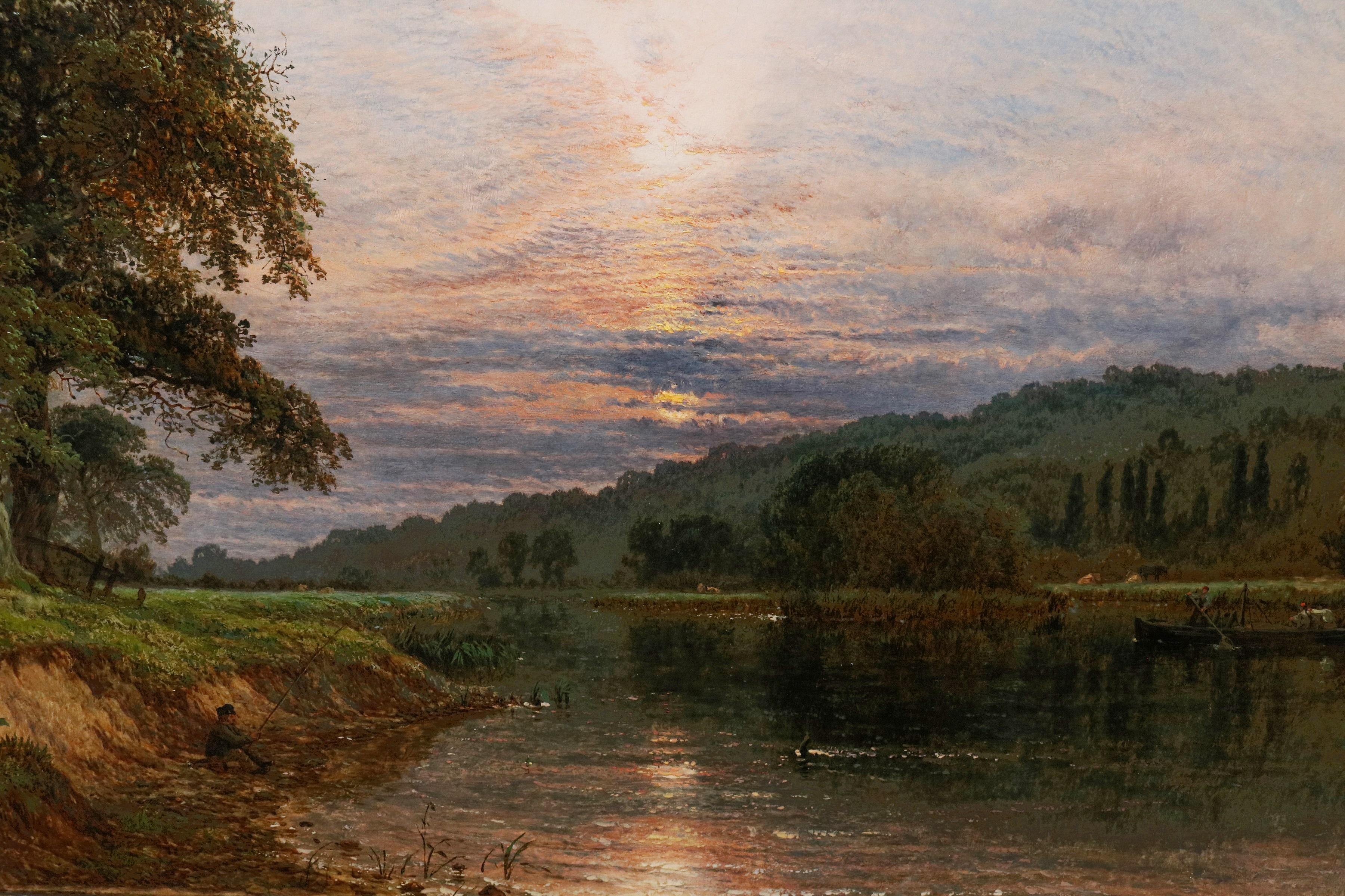 Thames near Runnymeade - 19th Century Oil Painting Summer Sunset River Landscape For Sale 4