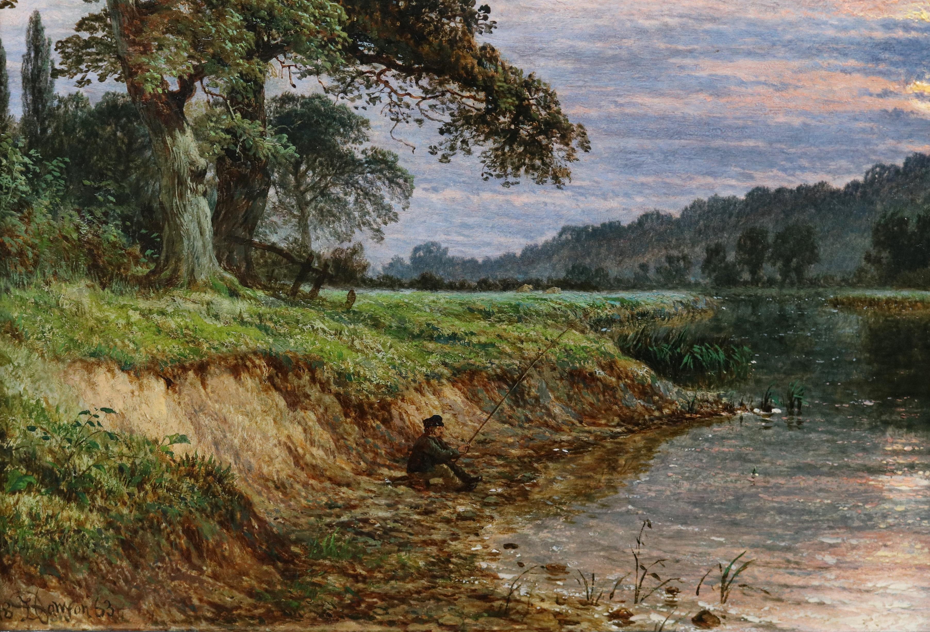 Thames near Runnymeade - 19th Century Oil Painting Summer Sunset River Landscape For Sale 5