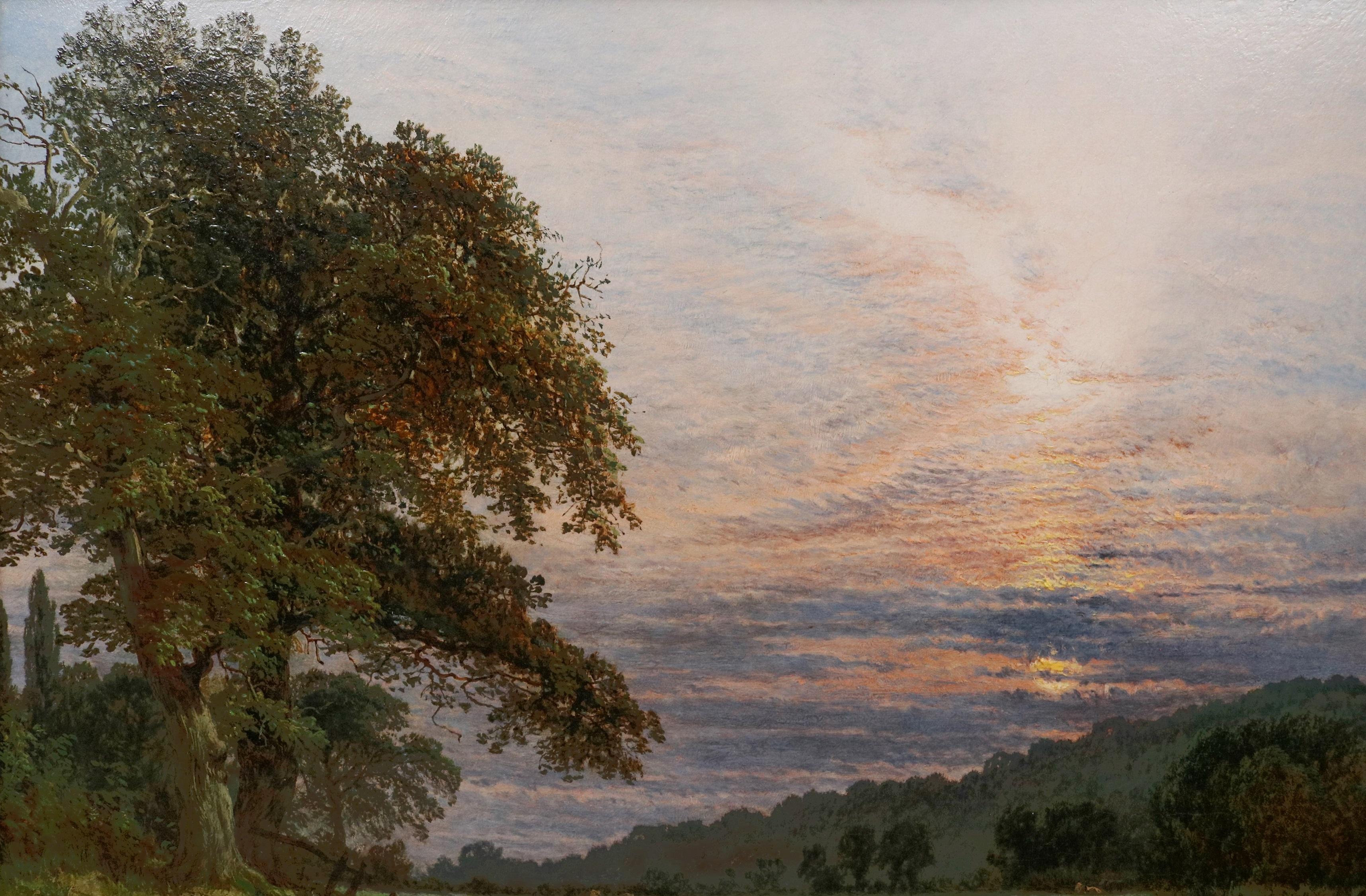 Thames near Runnymeade - 19th Century Oil Painting Summer Sunset River Landscape For Sale 6