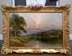 Tamise près de Runnymeade - Peinture à l'huile du XIXe siècle Paysage de rivière avec coucher de soleil estival