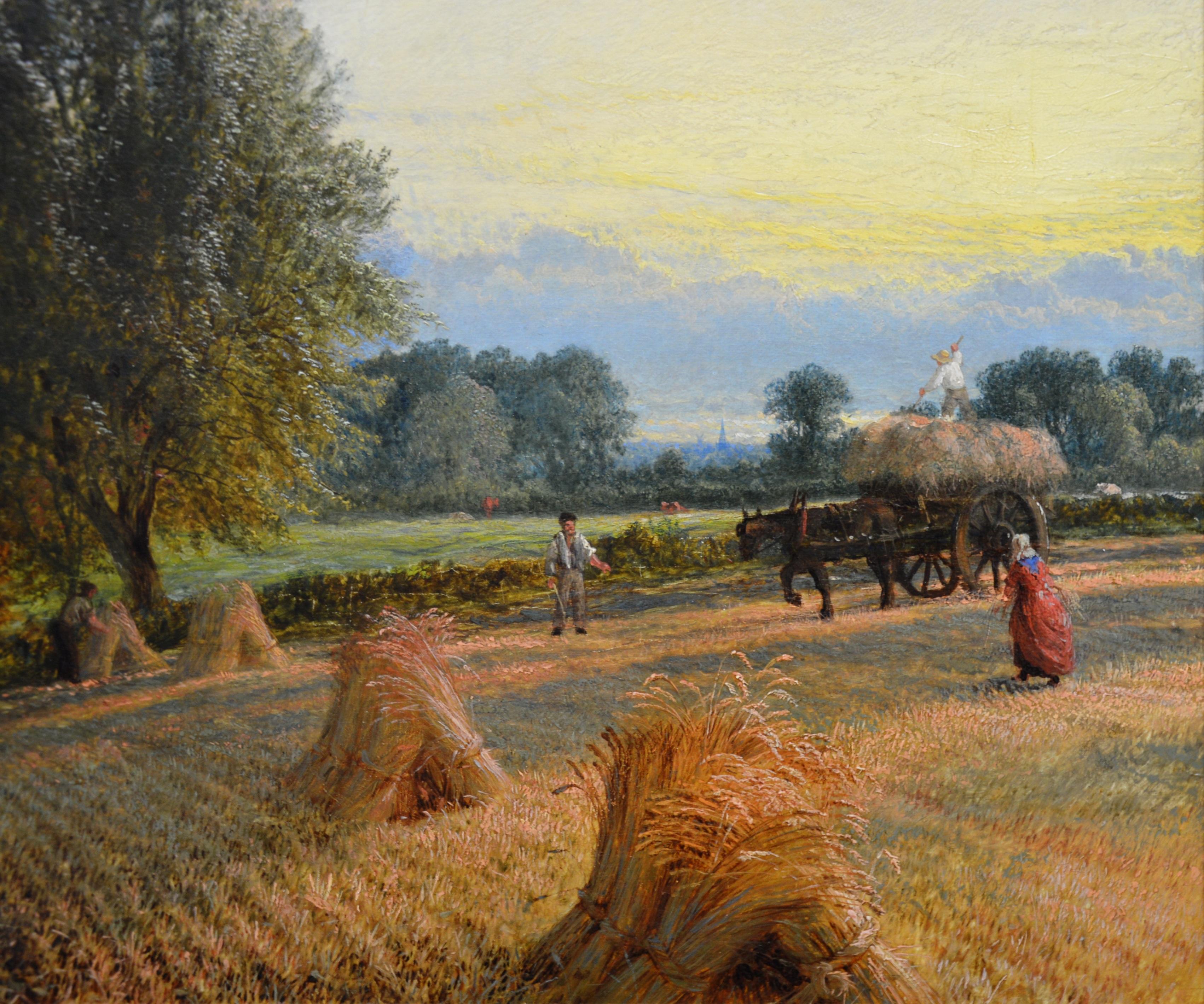 The Harvest - 19th Century English Summer Sunset Landscape Oil Painting - Brown Figurative Painting by Henry Dawson