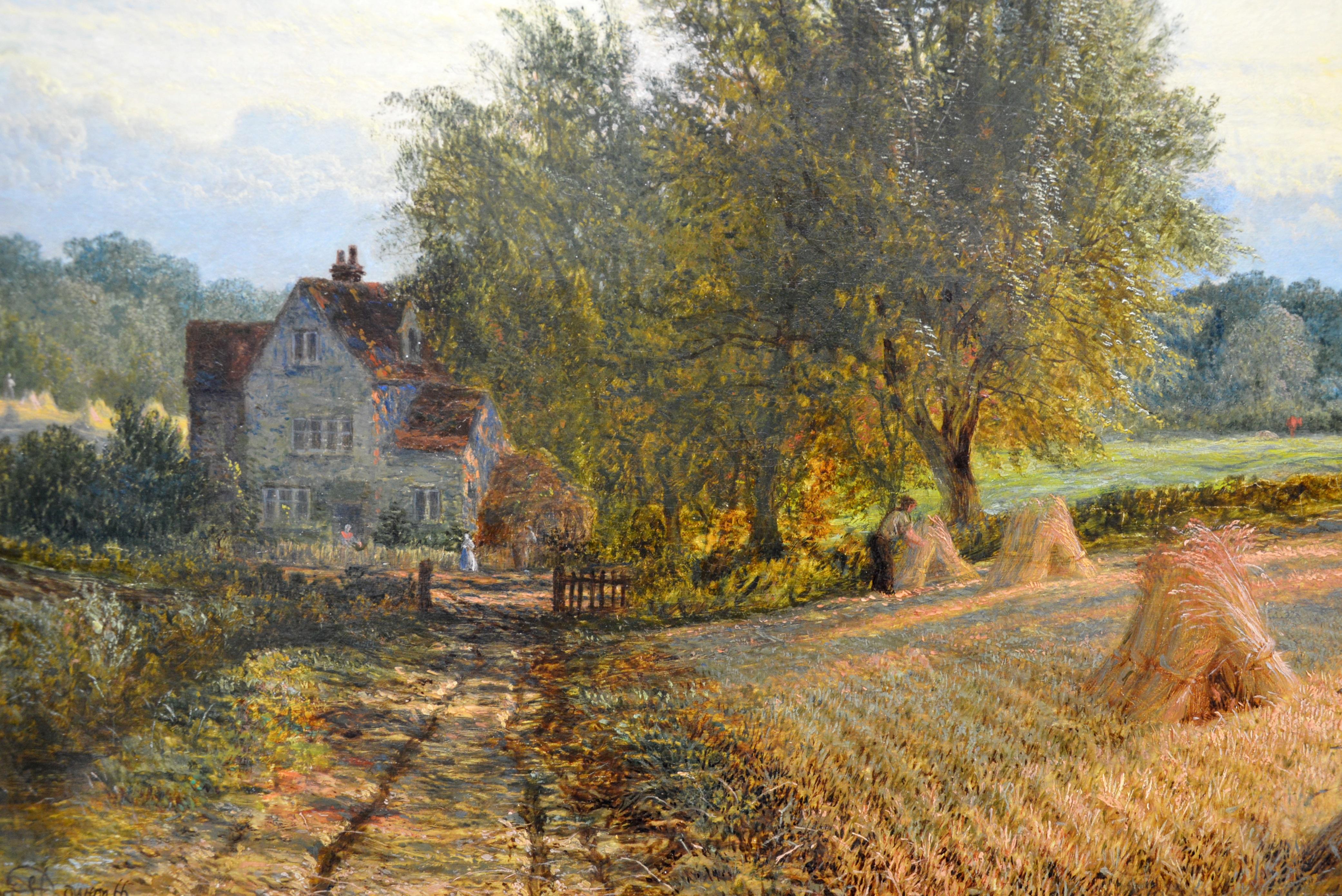 This is a large fine mid-19th century oil on canvas depicting a family bringing in ‘The Harvest’ at sunset on a summer evening by the eminent Victorian landscape painter Henry Dawson (1811-1887). The painting is signed by the artist and dated 1866.