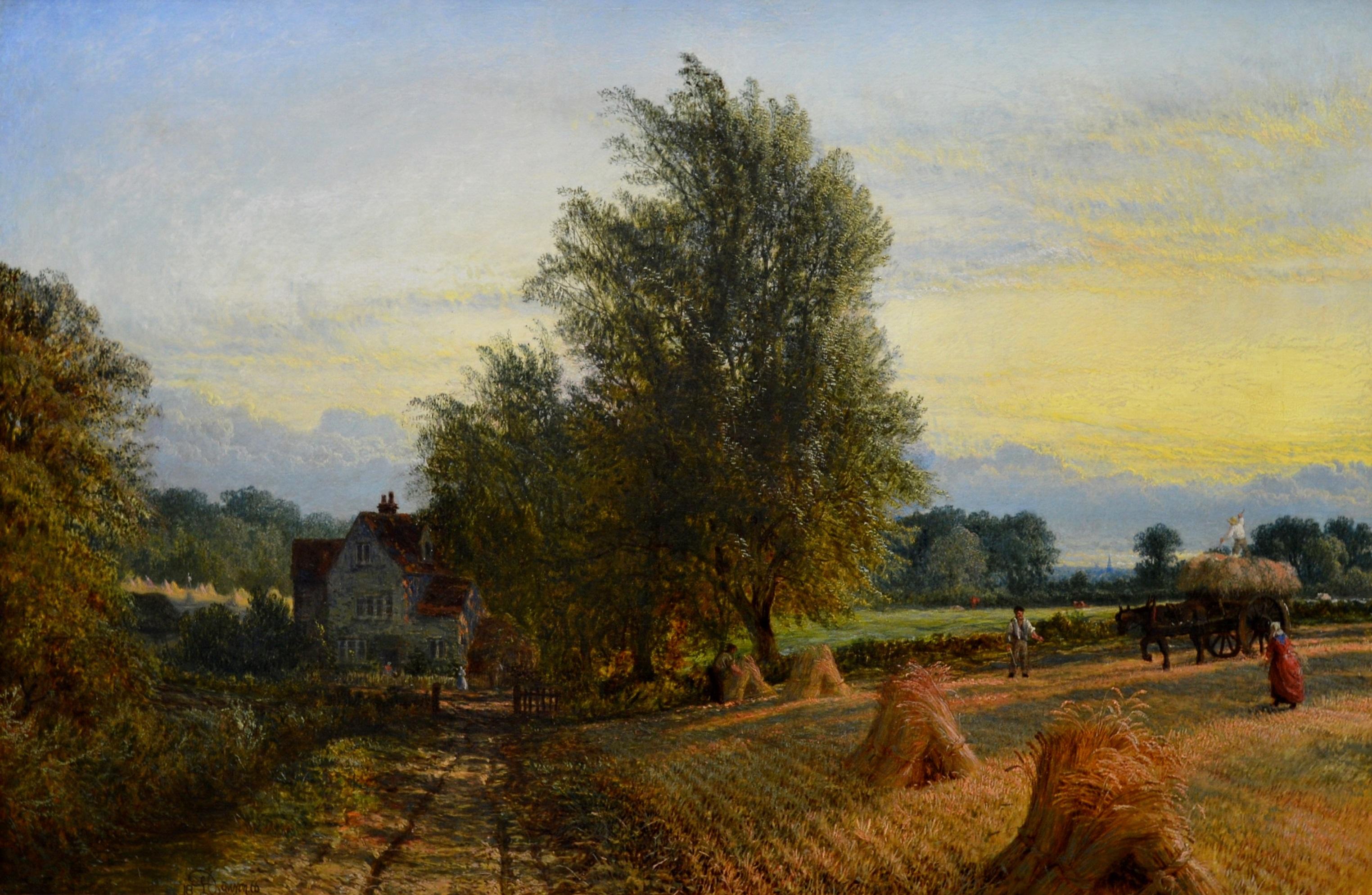 The Harvest - 19th Century English Summer Sunset Landscape Oil Painting - Brown Figurative Painting by Henry Dawson