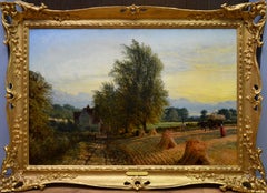 The Harvest - 19th Century English Summer Sunset Landscape Oil Painting
