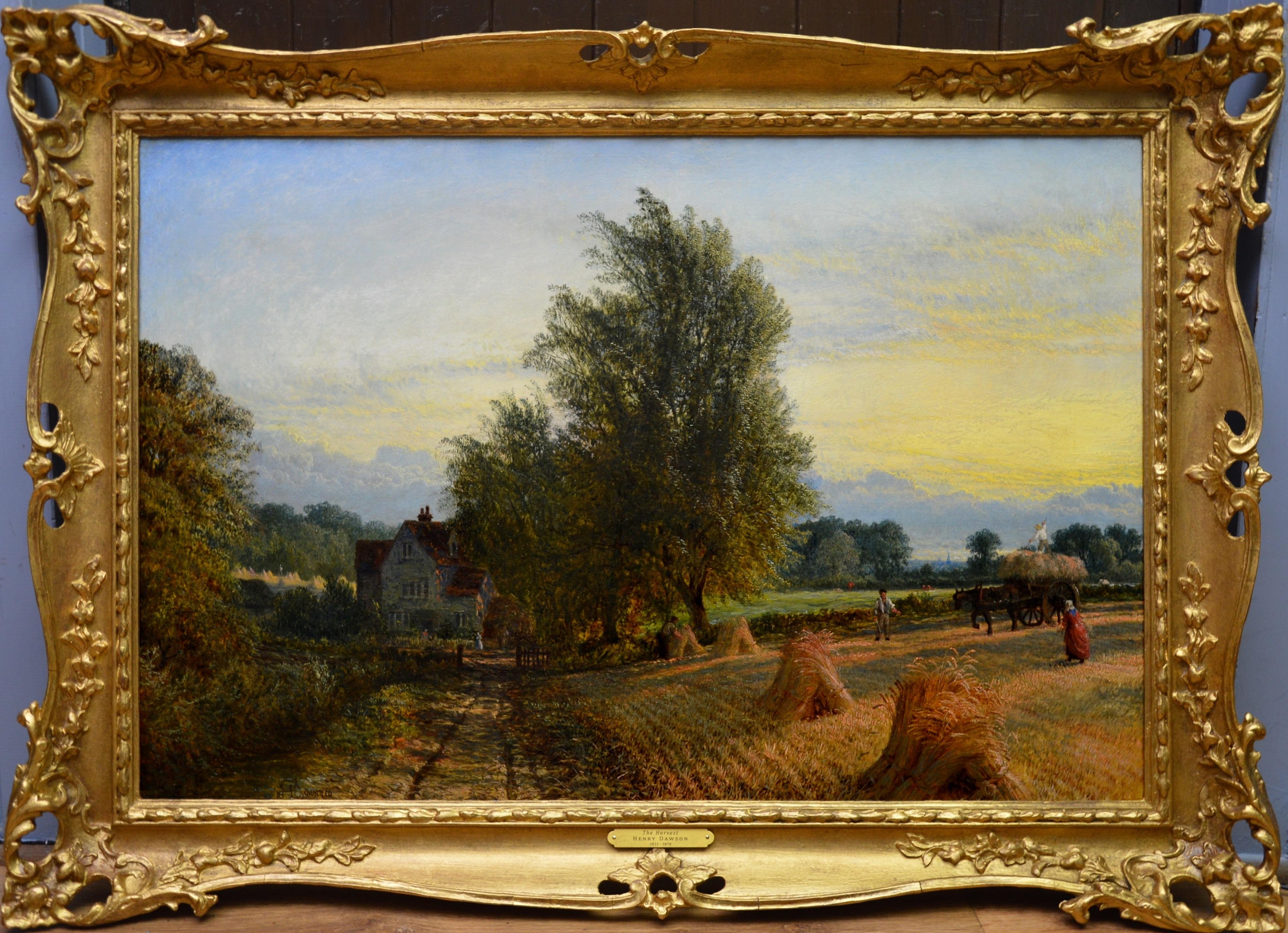 Henry Dawson Figurative Painting - The Harvest - 19th Century English Summer Sunset Landscape Oil Painting