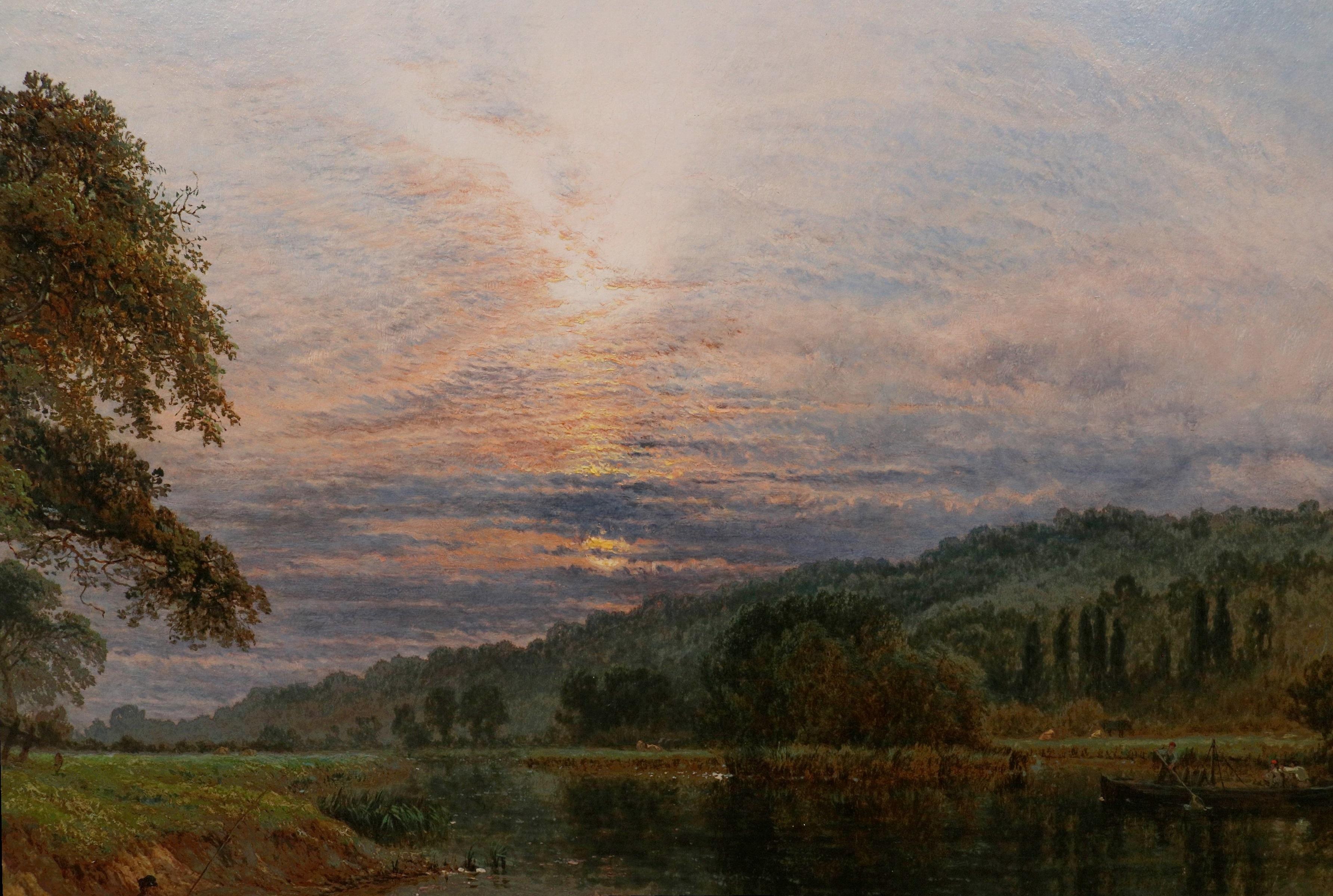 La Tamise près de Runnymede' par Henry Dawson R.B.A. (1811-1878). 

Le tableau - qui représente un pêcheur au bord de la rivière sous un spectaculaire coucher de soleil - est signé par l'artiste et daté de 1863.

Bien qu'il ait été l'élève de James