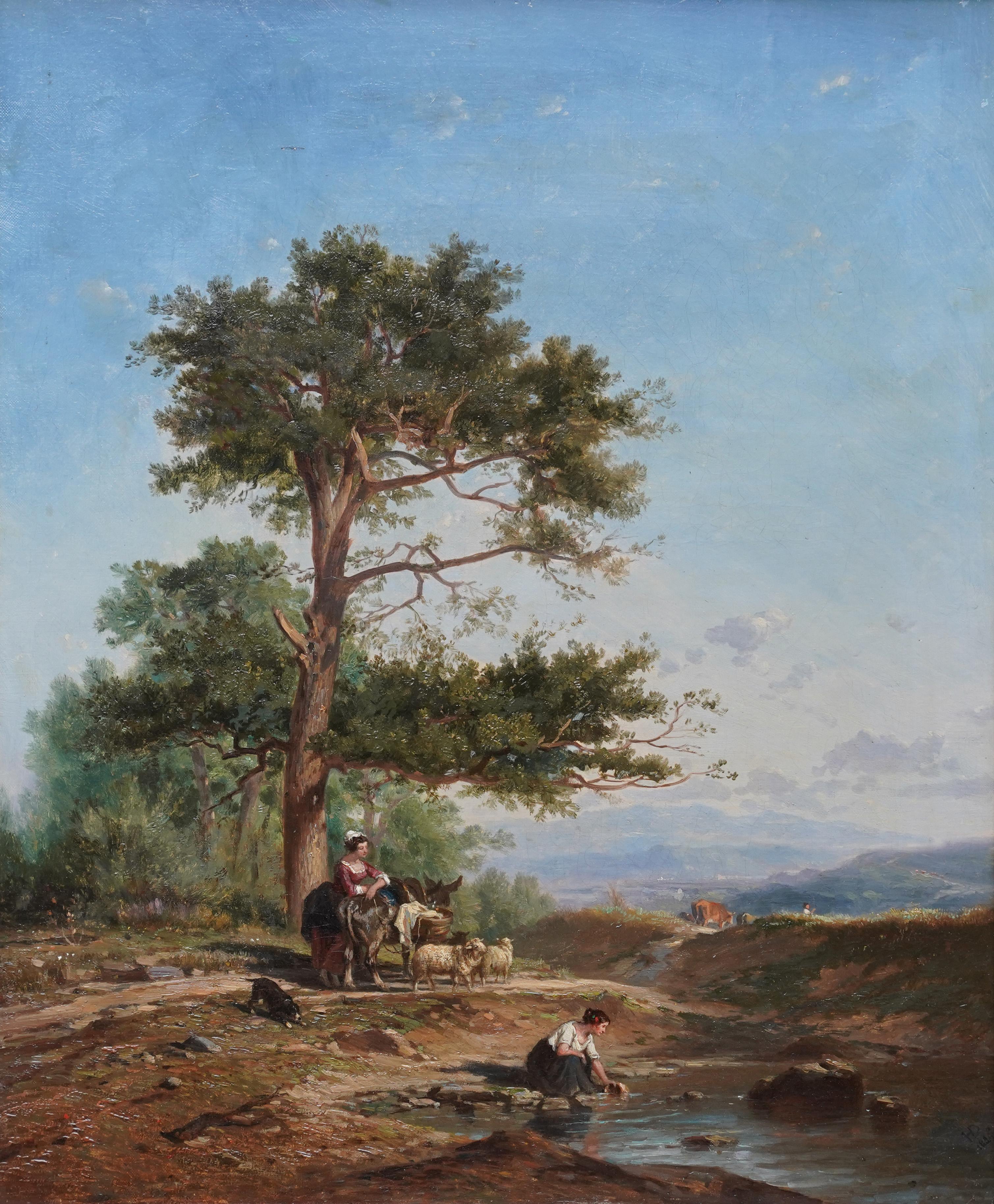 Donne in un paesaggio - pittura ad olio figurativa di un paesaggio dell'arte vittoriana britannica - Painting di Henry Dawson