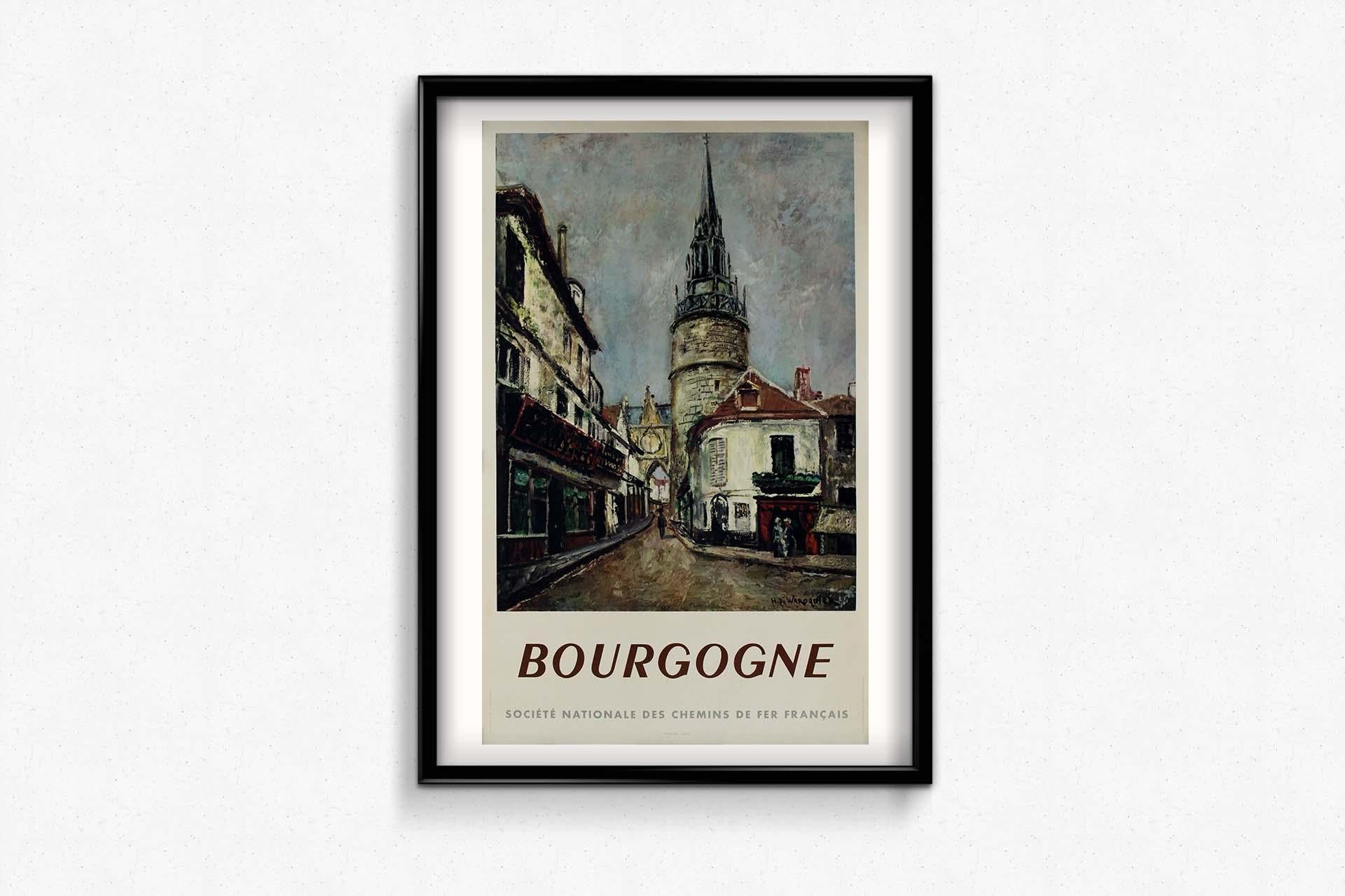 The original 1949 travel poster by Henry De Waroquier for Bourgogne, sponsored by SNCF (French National Railway Company), invites viewers to embark on a captivating journey through the picturesque landscapes of Burgundy, France.
Waroquier's artistic