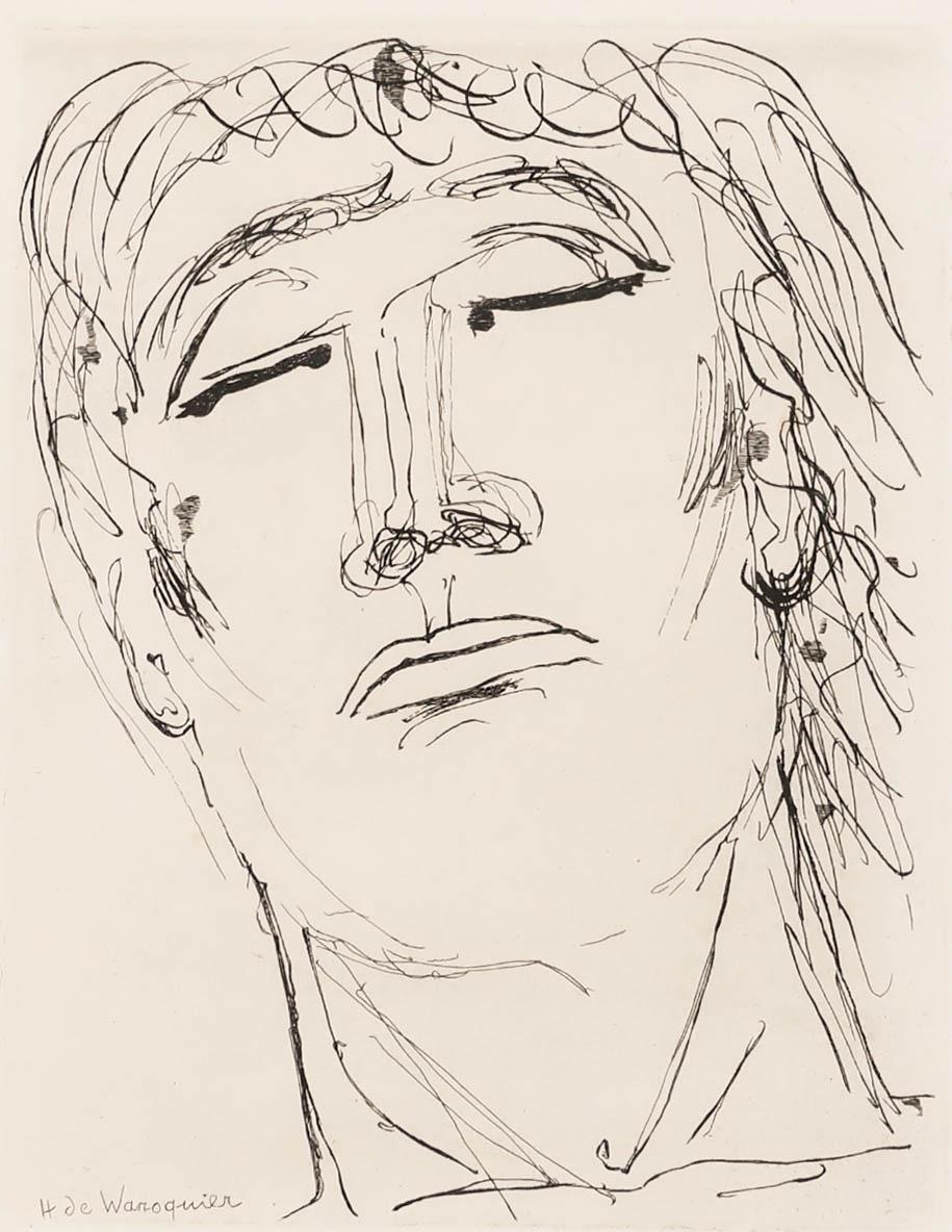 Henry De Waroquier (1881-1970) - Framed 1946 Etching, Head - Print by Henry de Waroquier