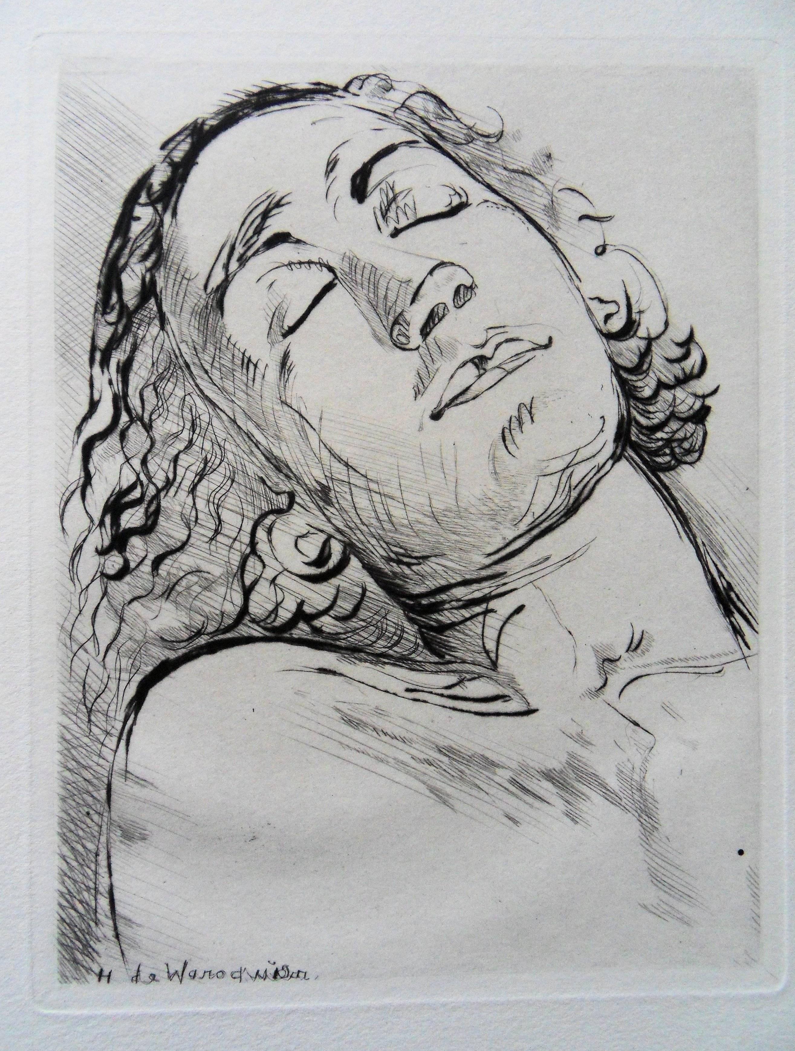 Henry de Waroquier Figurative Print - Portrait of a Dreamer - Original etching, 1943