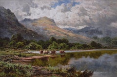 19th Century Highland landscape oil painting of cattle at Loch Katrine