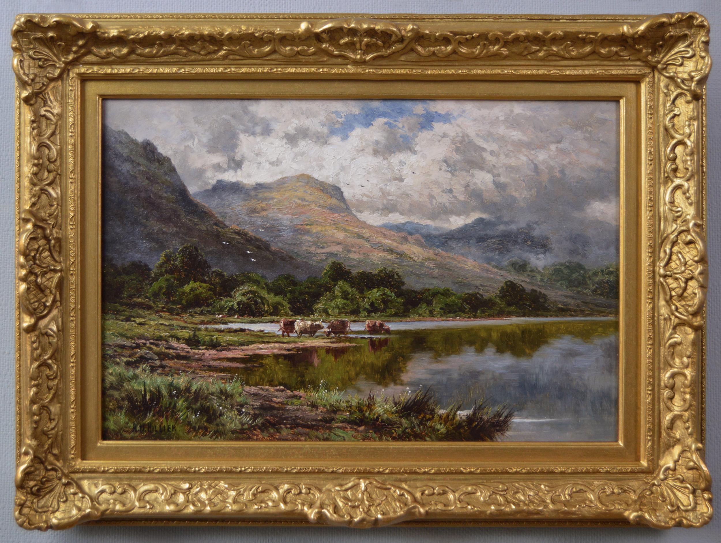 19th Century Highland landscape oil painting of cattle at Loch Katrine