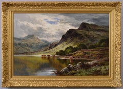 19th Century Highland landscape oil painting of cattle by a lake