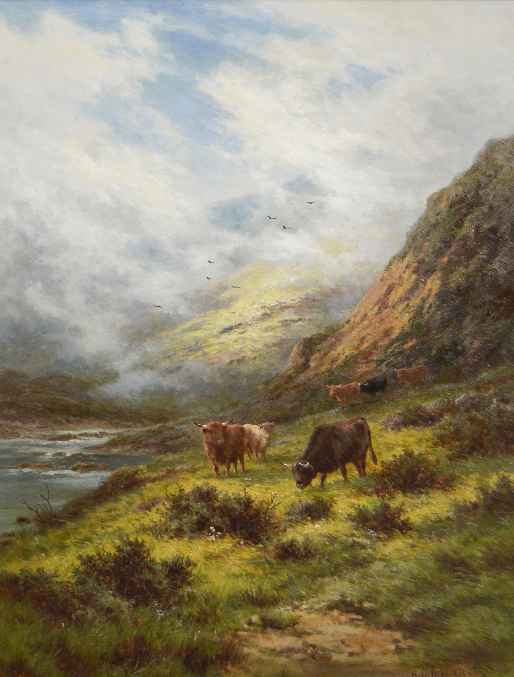 Highland-Landschafts-Ölgemälde des 19. Jahrhunderts, Ölgemälde von Rindern in einer Bucht in der Nähe von Killin – Painting von Henry Deacon Hillier