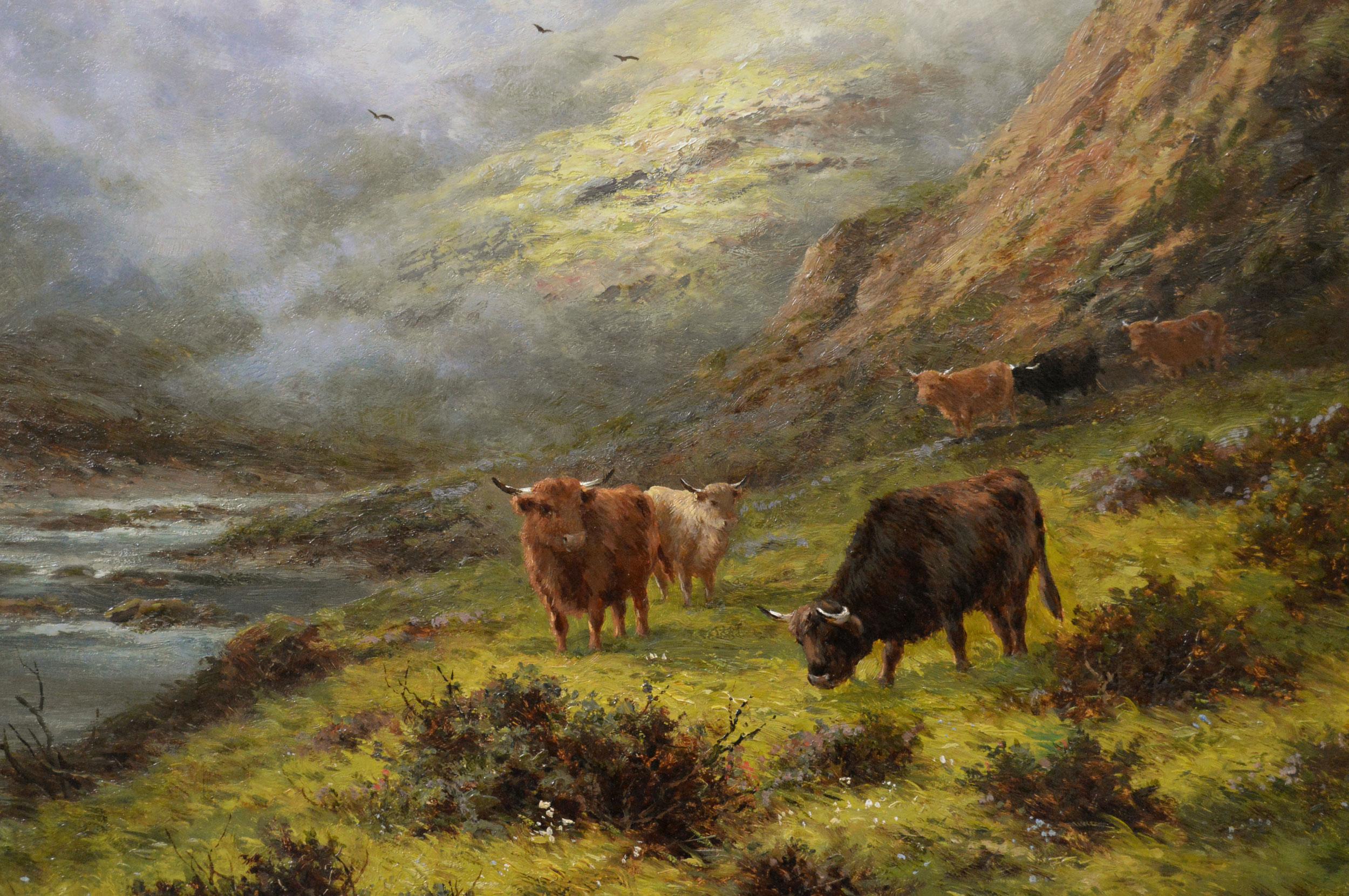 19th Century Highland landscape oil painting of cattle by a loch near Killin - Victorian Painting by Henry Deacon Hillier