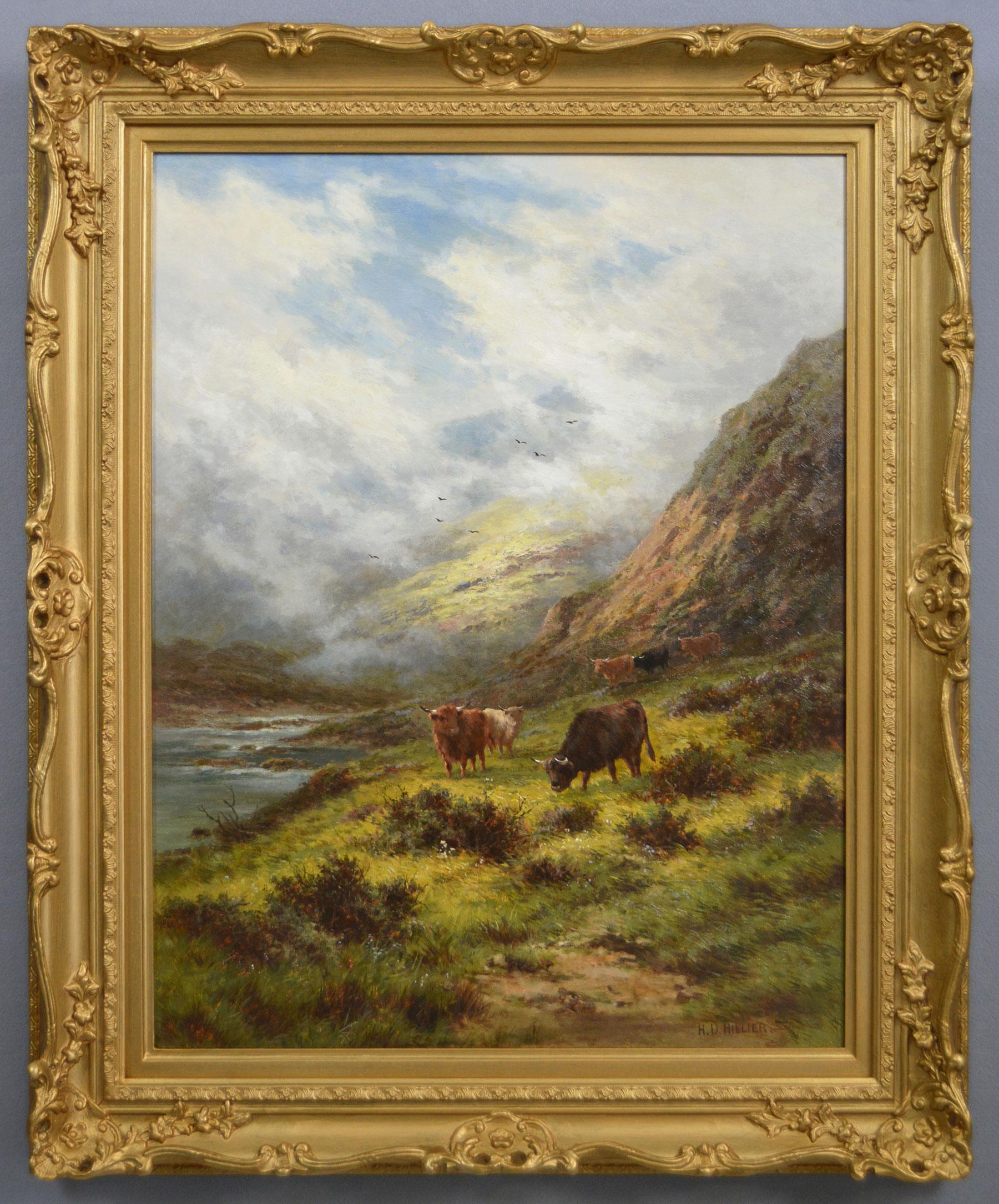 Henry Deacon Hillier Animal Painting – Highland-Landschafts-Ölgemälde des 19. Jahrhunderts, Ölgemälde von Rindern in einer Bucht in der Nähe von Killin