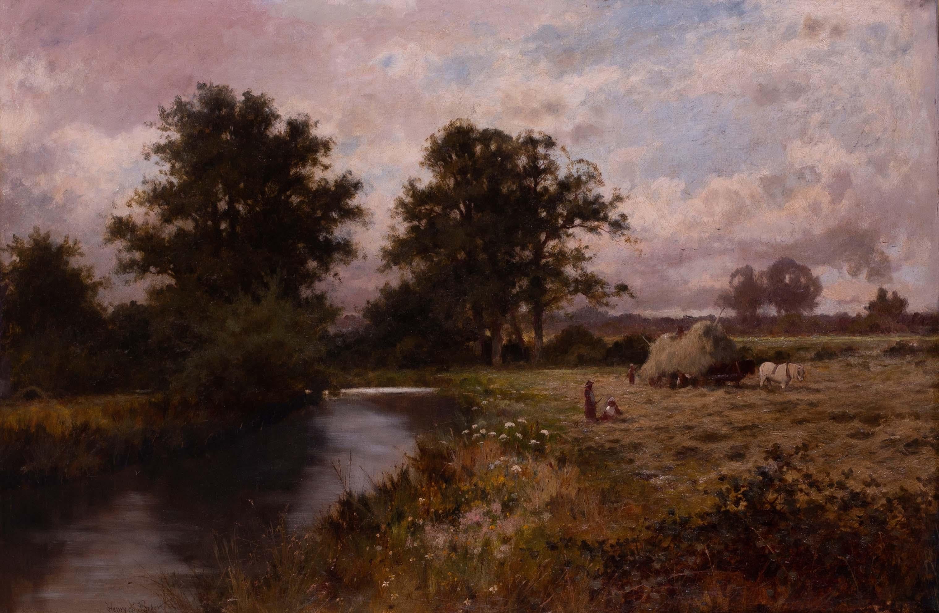 British 19th Century landscape oil painting of harvesters by a river - Painting by Henry Deacon Hillier Parker 