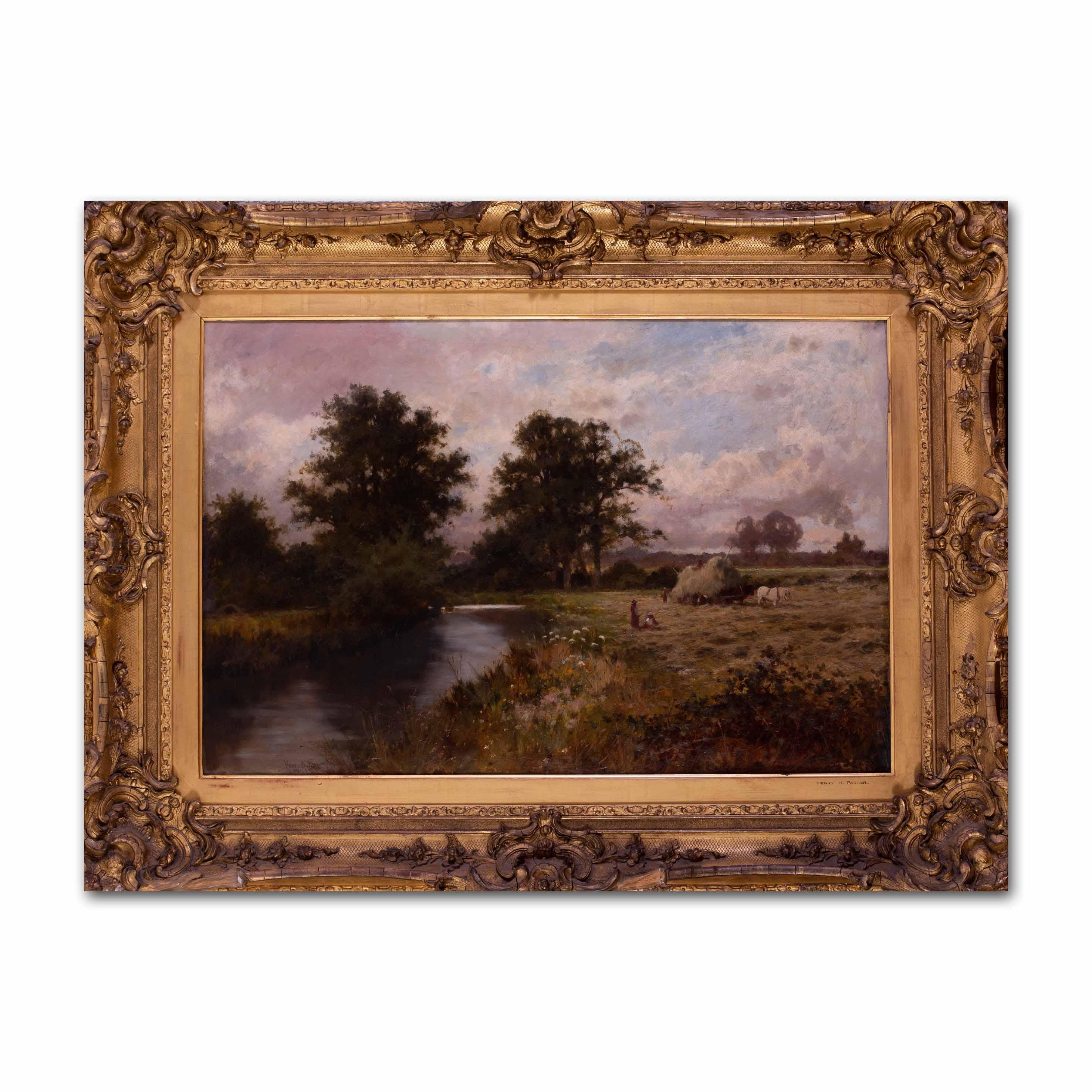 British 19th Century landscape oil painting of harvesters by a river - Brown Landscape Painting by Henry Deacon Hillier Parker 