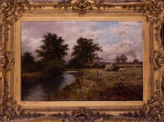 British 19th Century landscape oil painting of harvesters by a river