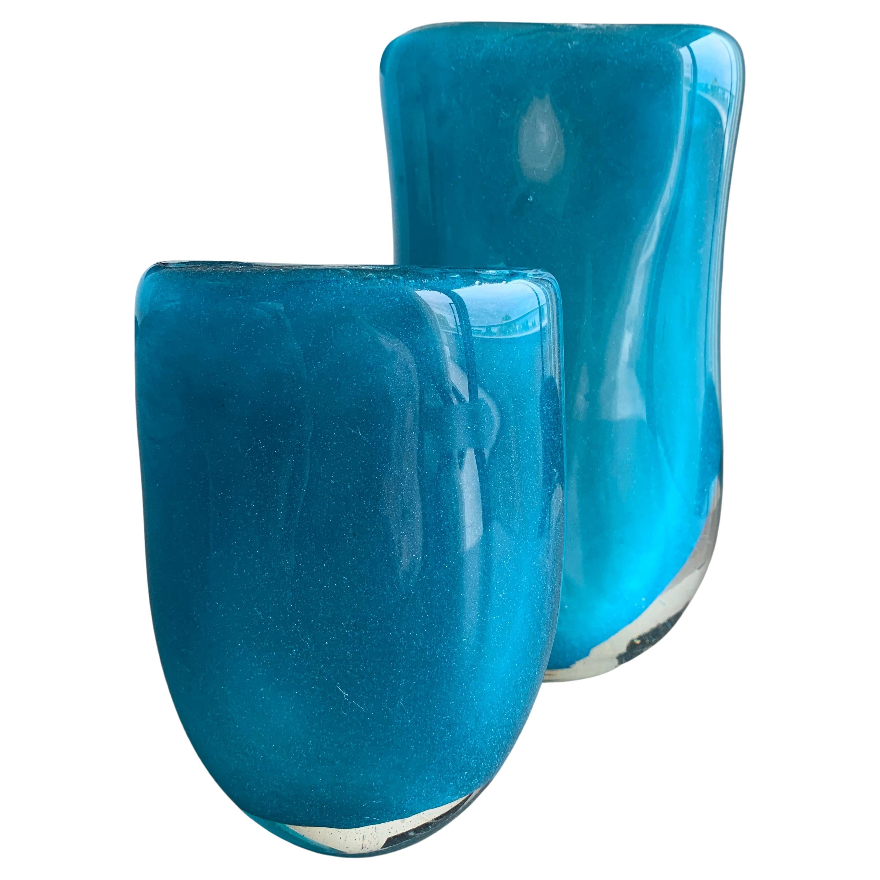 Henry Dean, Belgian,  Art Glass Vase, Turquoise, Handblown - Pair 