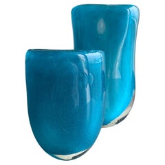Retro Henry Dean, Belgian,  Art Glass Vase, Turquoise, Handblown - Pair 