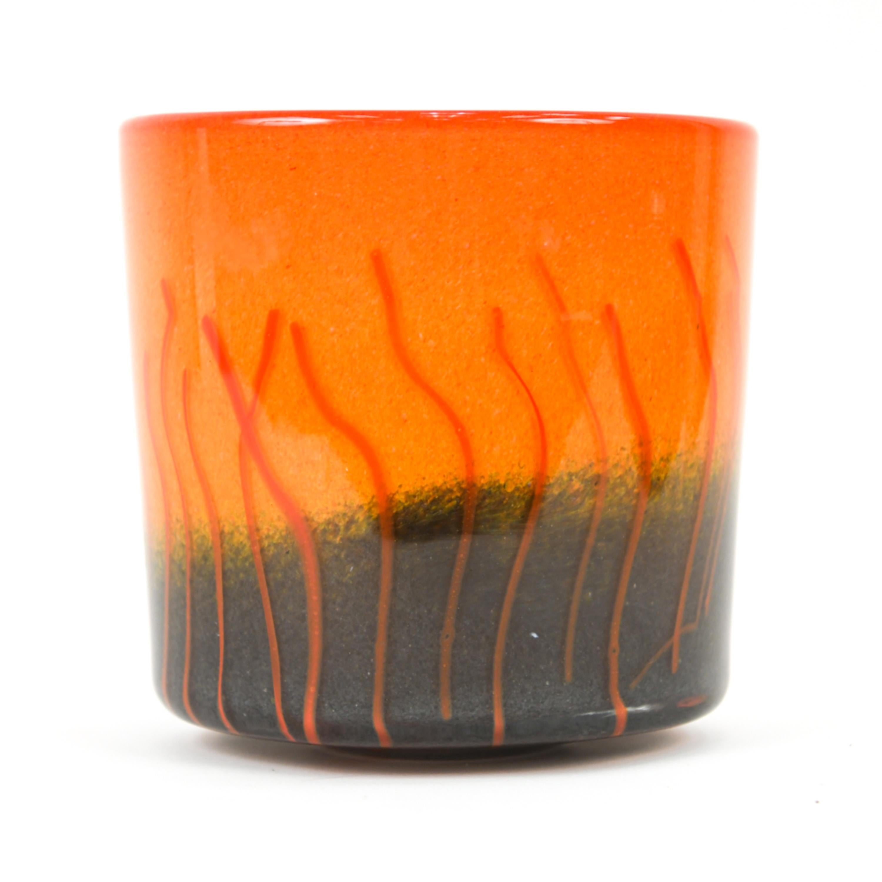 Contemporary art glass vase or champagne bucket, oblong cylindrical shape, with orange and green gradient and abstract line motif. Mouth-blown. Signed 