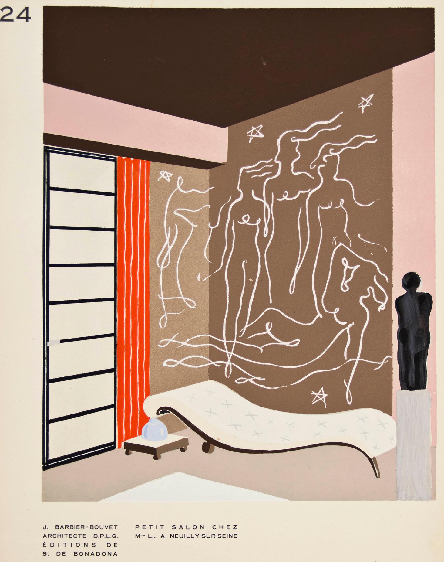 Pochoir of a Living Room with Matisse Style Mural
