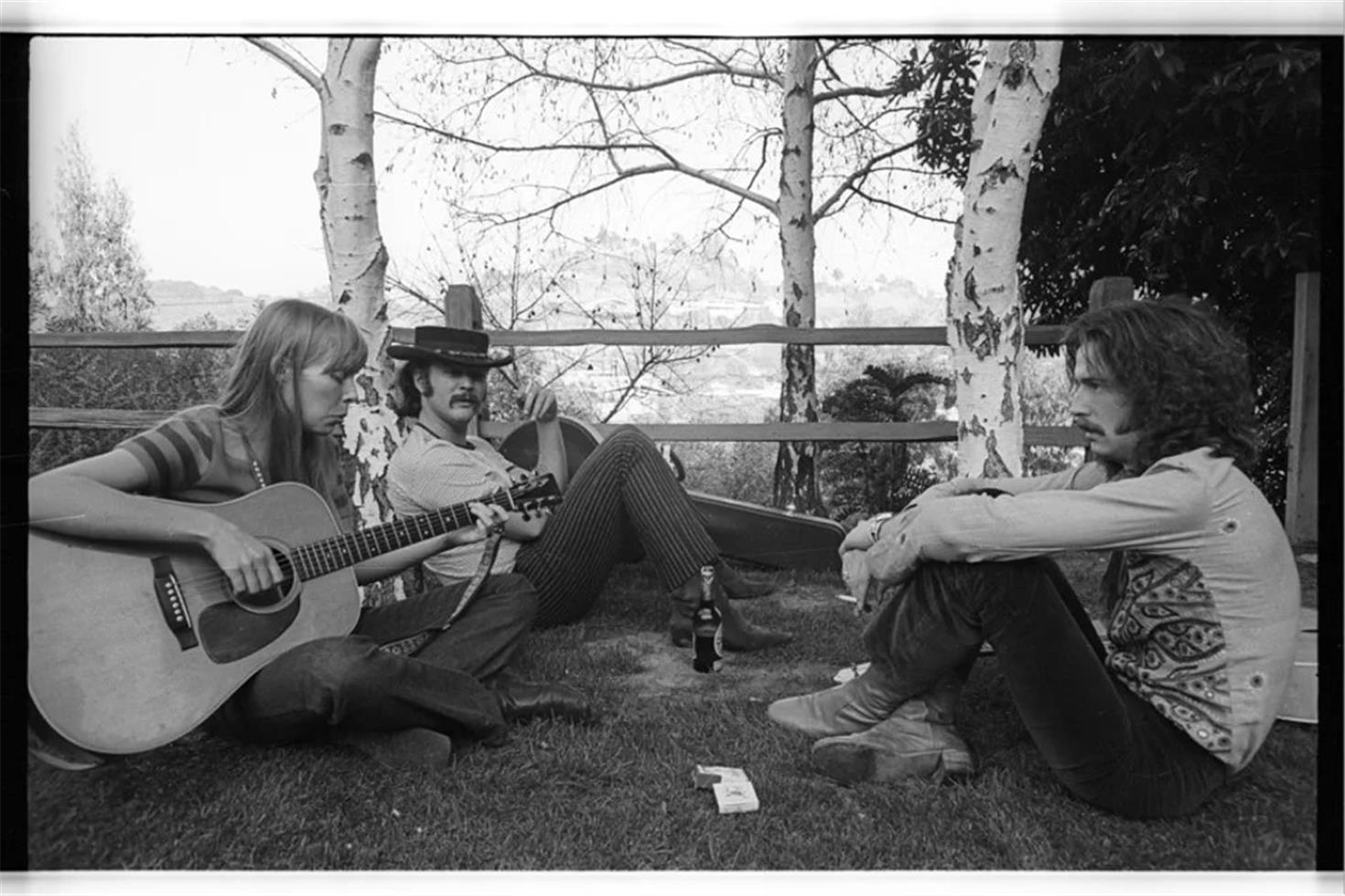 Henry Diltz Black and White Photograph - Joni Mitchell, David Crosby, and Eric Clapton, Laurel Canyon, 1968