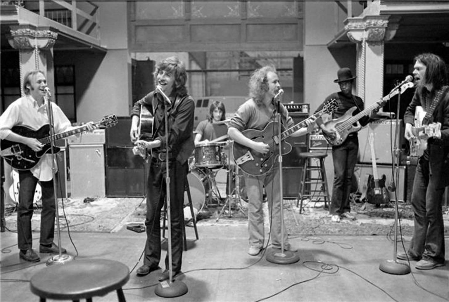 Henry Diltz Portrait Print - Crosby, Stills, Nash, and Young Rehearsal, 1970