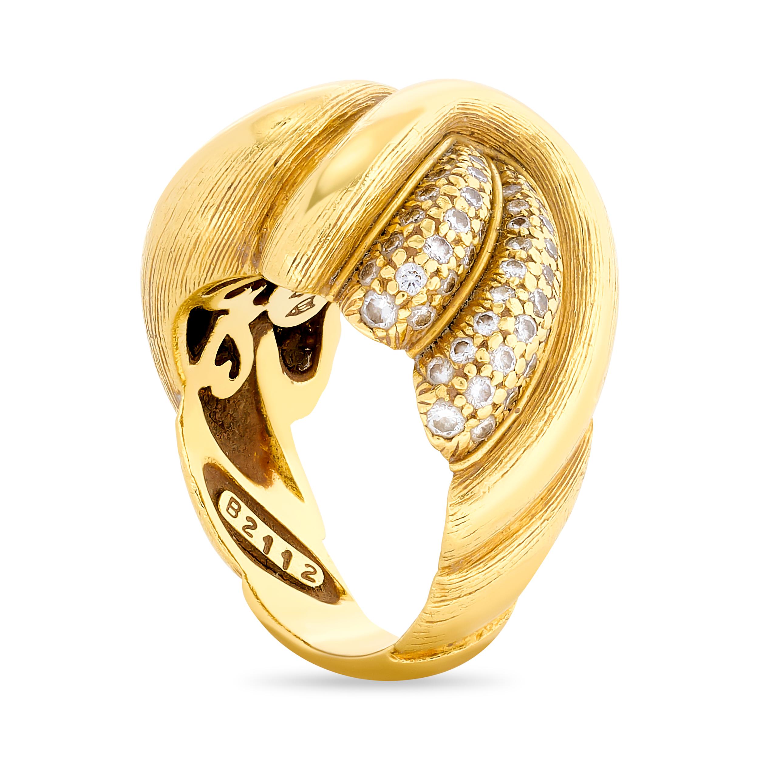 Round Cut Henry Dunay 18 Karat Yellow Brushed Gold Diamond Swirl Ring For Sale