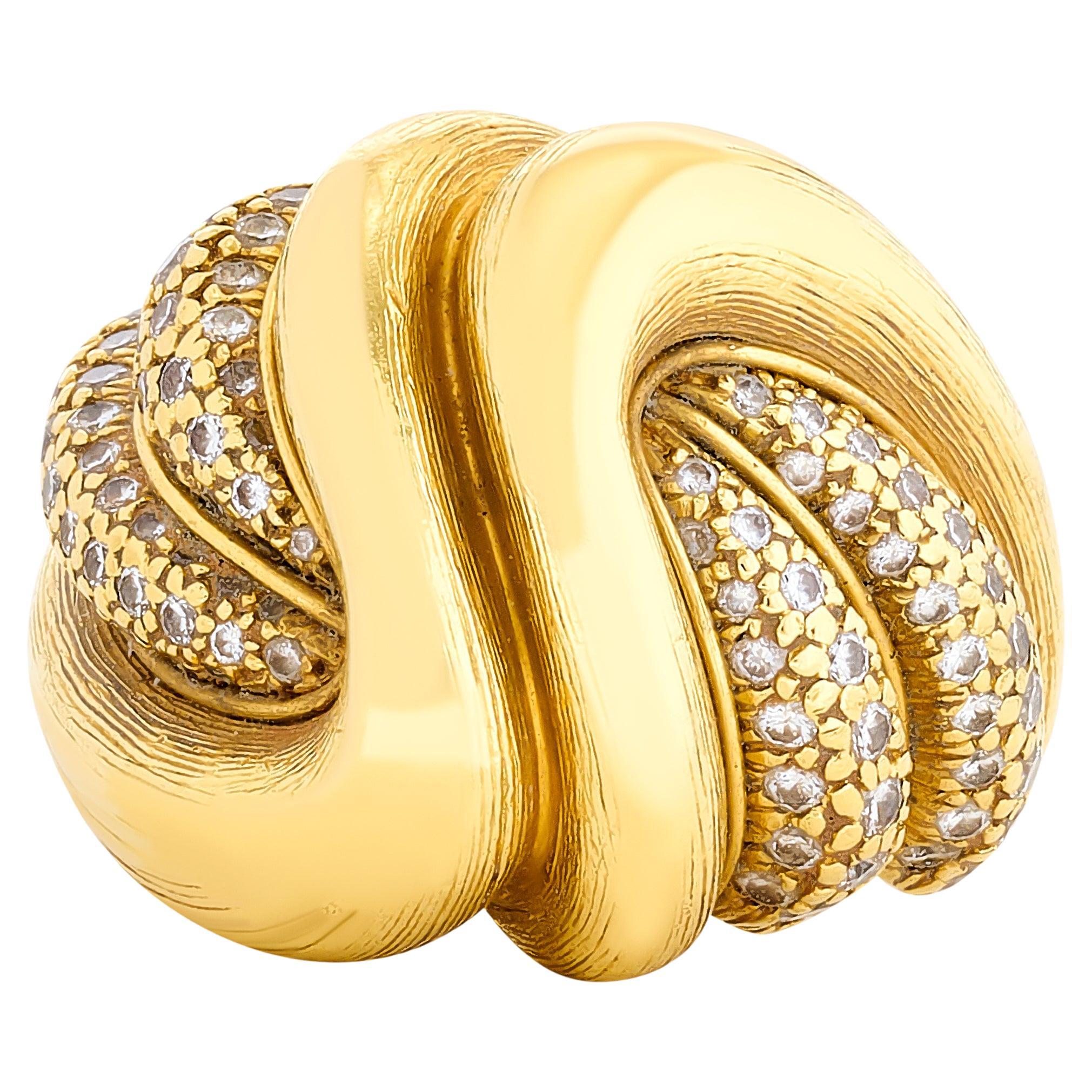 Henry Dunay 18 Karat Yellow Brushed Gold Diamond Swirl Ring For Sale