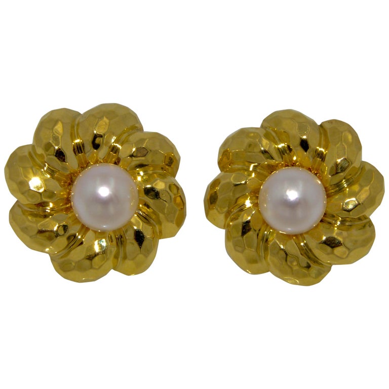 Henry Dunay 18 Karat Yellow Faceted Gold Earring Jackets With Pearl Henry Dunay 18 Karat Yellow Faceted Gold Earring Jackets With Pearl Studs For