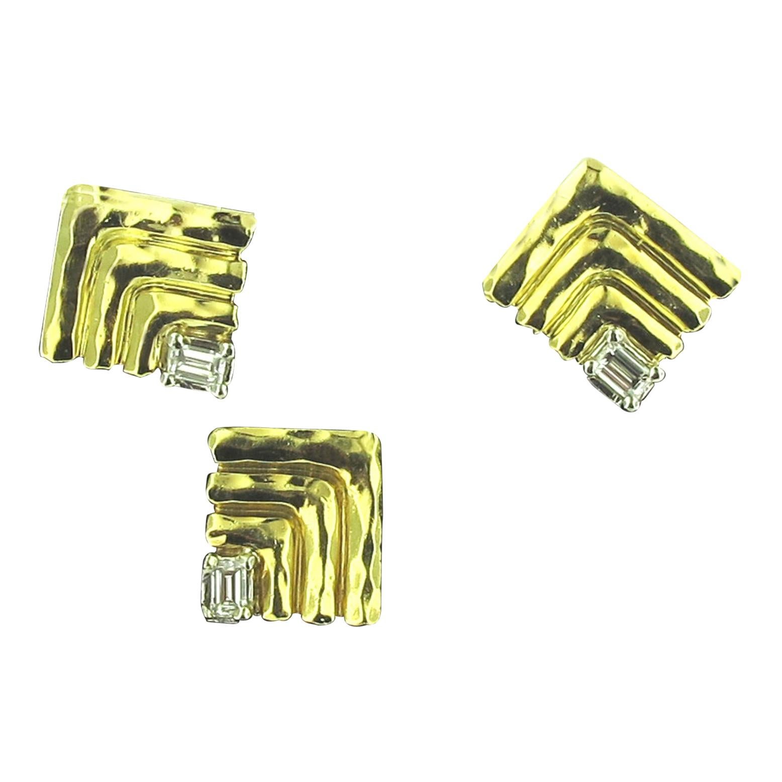 Henry Dunay 18 Karat Yellow Gold and Platinum Diamond Earrings and Matching Pin