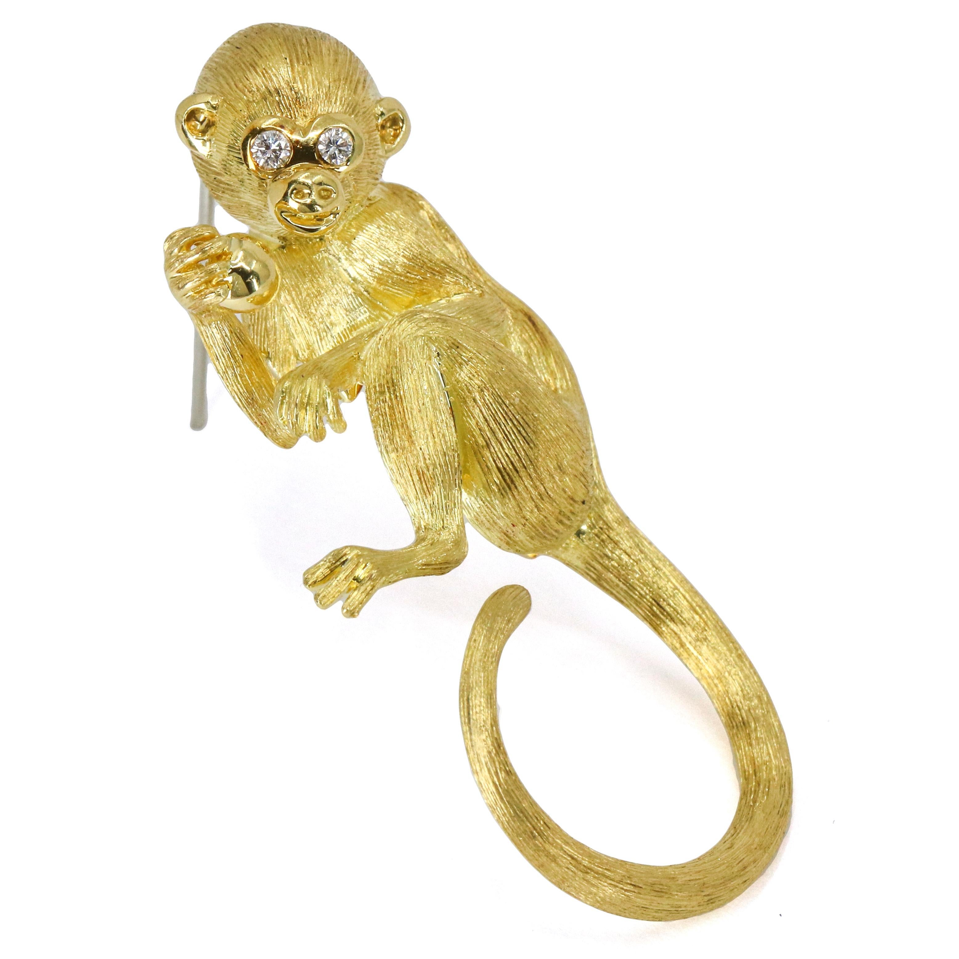 Round Cut Henry Dunay 18 Karat Yellow Gold Diamond Monkey Brooch For Sale