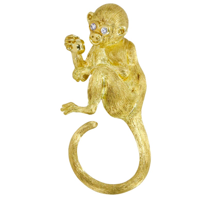 Green and White Crystal Gold Colored Metal Brooch Monkey an Branch Hanging