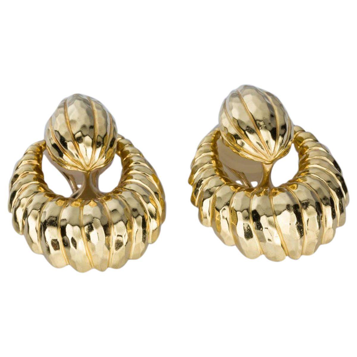 Stylish & sophisticated these 18k Yellow Gold Henry Dunay Door-Knocker Earrings are incredible. Finely made with ribbed detailing and a hammer textured finish, they have a certain 