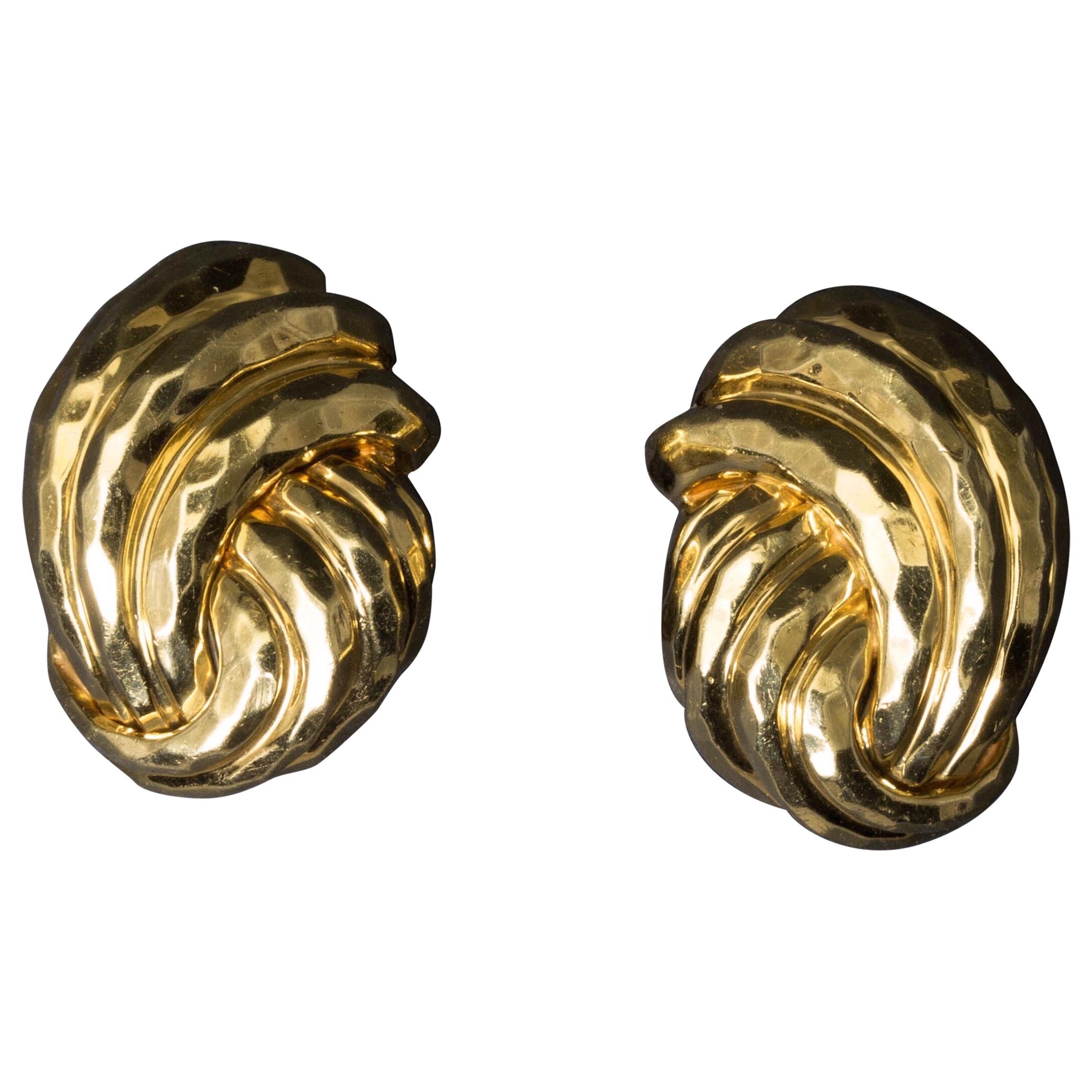 Henry Dunay 18 Karat Yellow Gold Hand Hammered Gold Clip Earrings For Sale