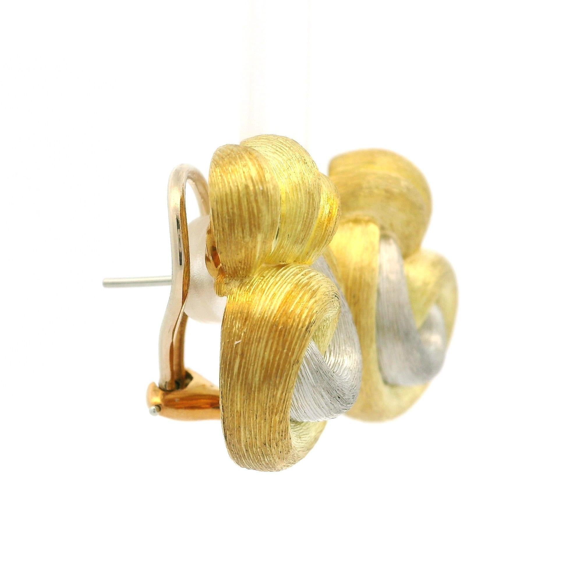 Henry Dunay 18 Yellow Gold & Platinum Brushed Finish Sabi Omega Earrings In Excellent Condition For Sale In Montclair, NJ