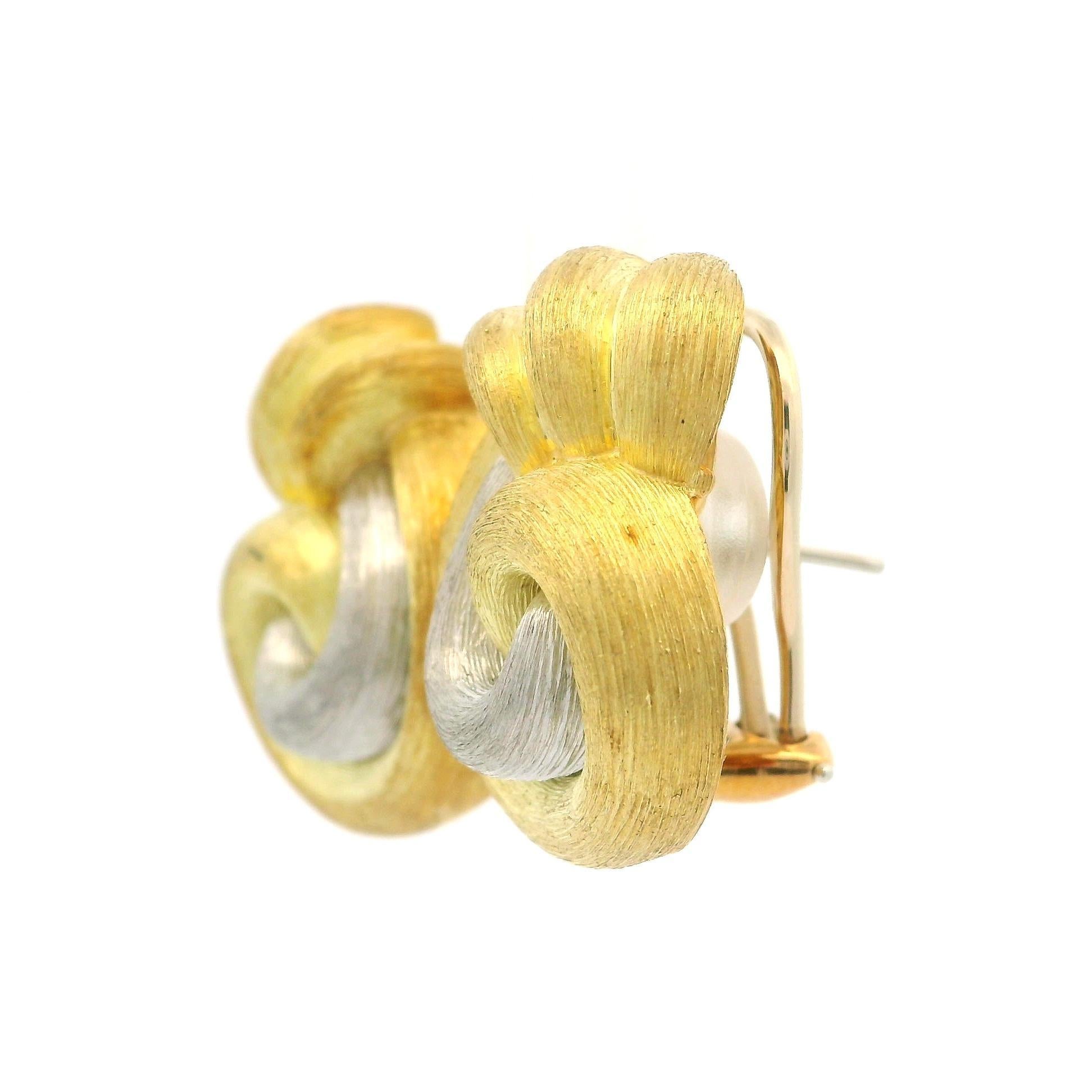 Women's Henry Dunay 18 Yellow Gold & Platinum Brushed Finish Sabi Omega Earrings For Sale