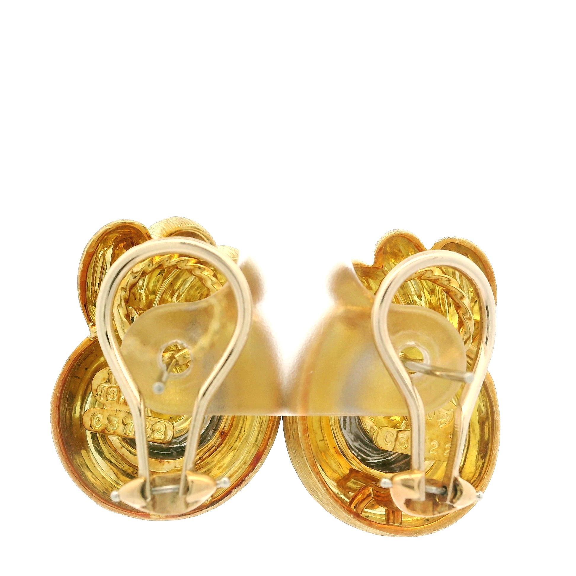 Henry Dunay 18 Yellow Gold & Platinum Brushed Finish Sabi Omega Earrings For Sale 1